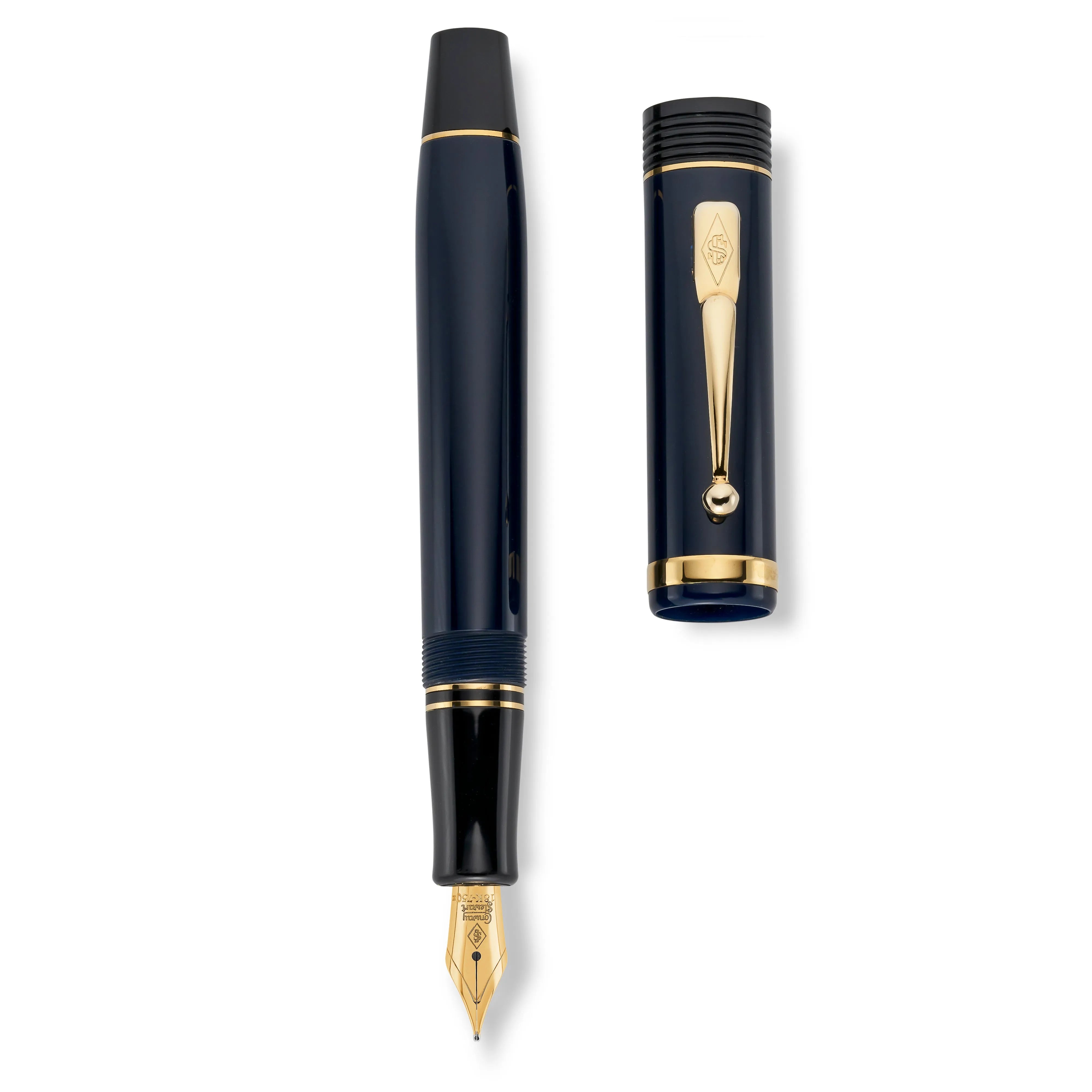 The Pol Roger 175th Anniversary fountain pen and cap laid side by side, viewed from above