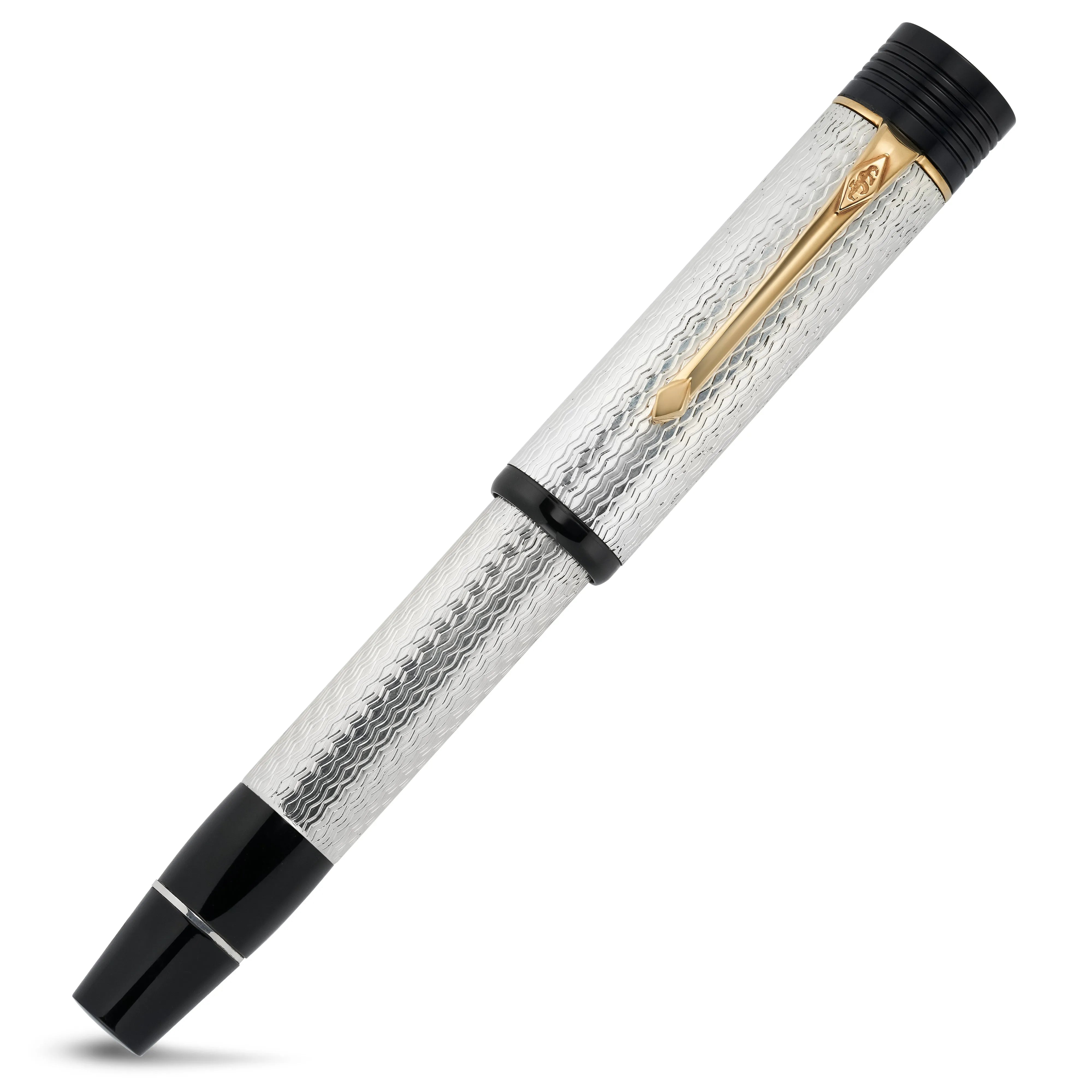 Churchill 150th Anniversary Stift in gespiegeltem Blickwinkel, guillochierte Silberoberfläche und schwarze Kappenkuppe