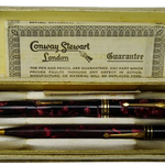 Vintage Conway Stewart London presentation box with burgundy marbled fountain pen, pencil, and guarantee leaflet