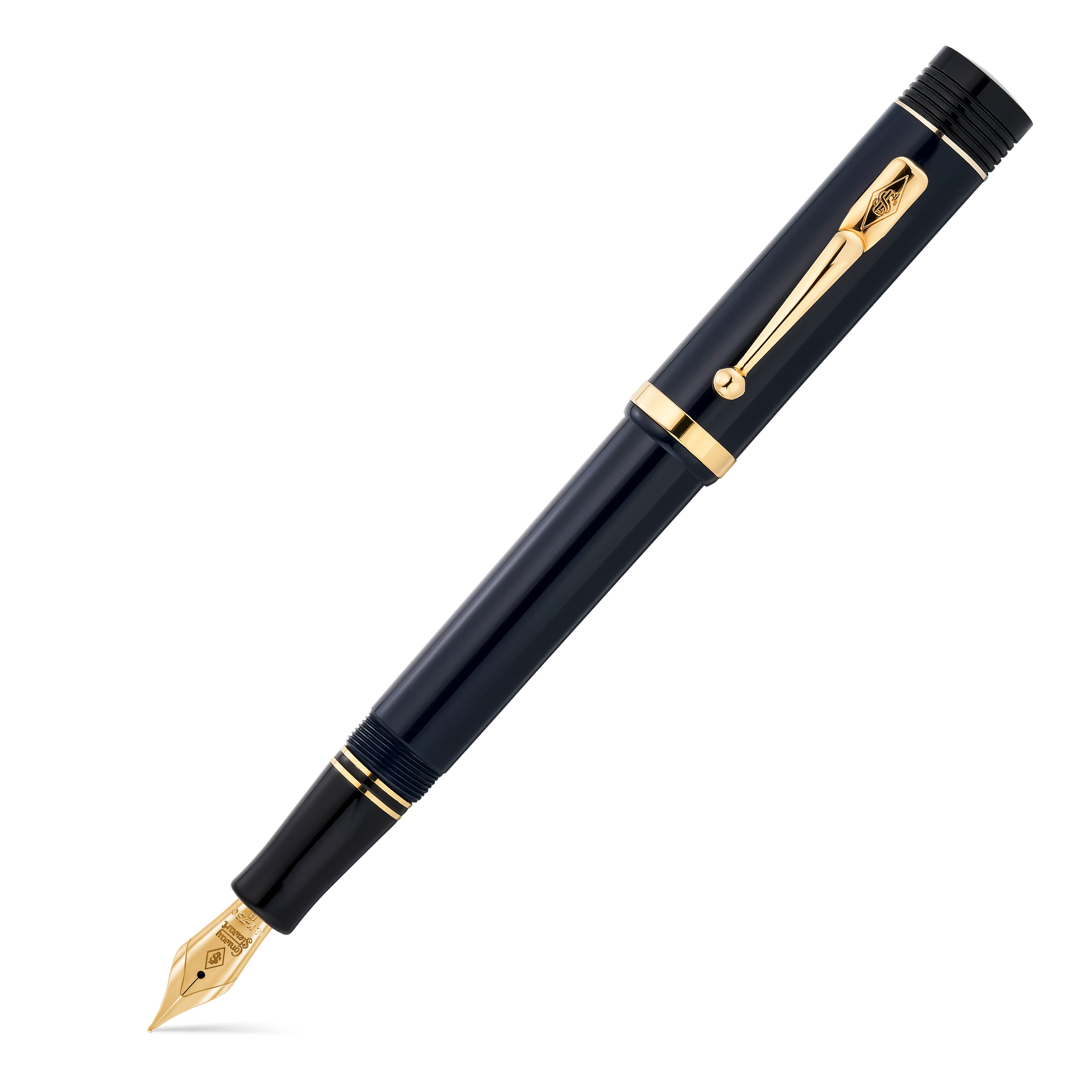 Conway Stewart Churchill Midnight Blue फाउंटेन पेन कैप लगाकर, गहरी नेवी फिनिश गोल्ड क्लिप और ट्रिम के साथ