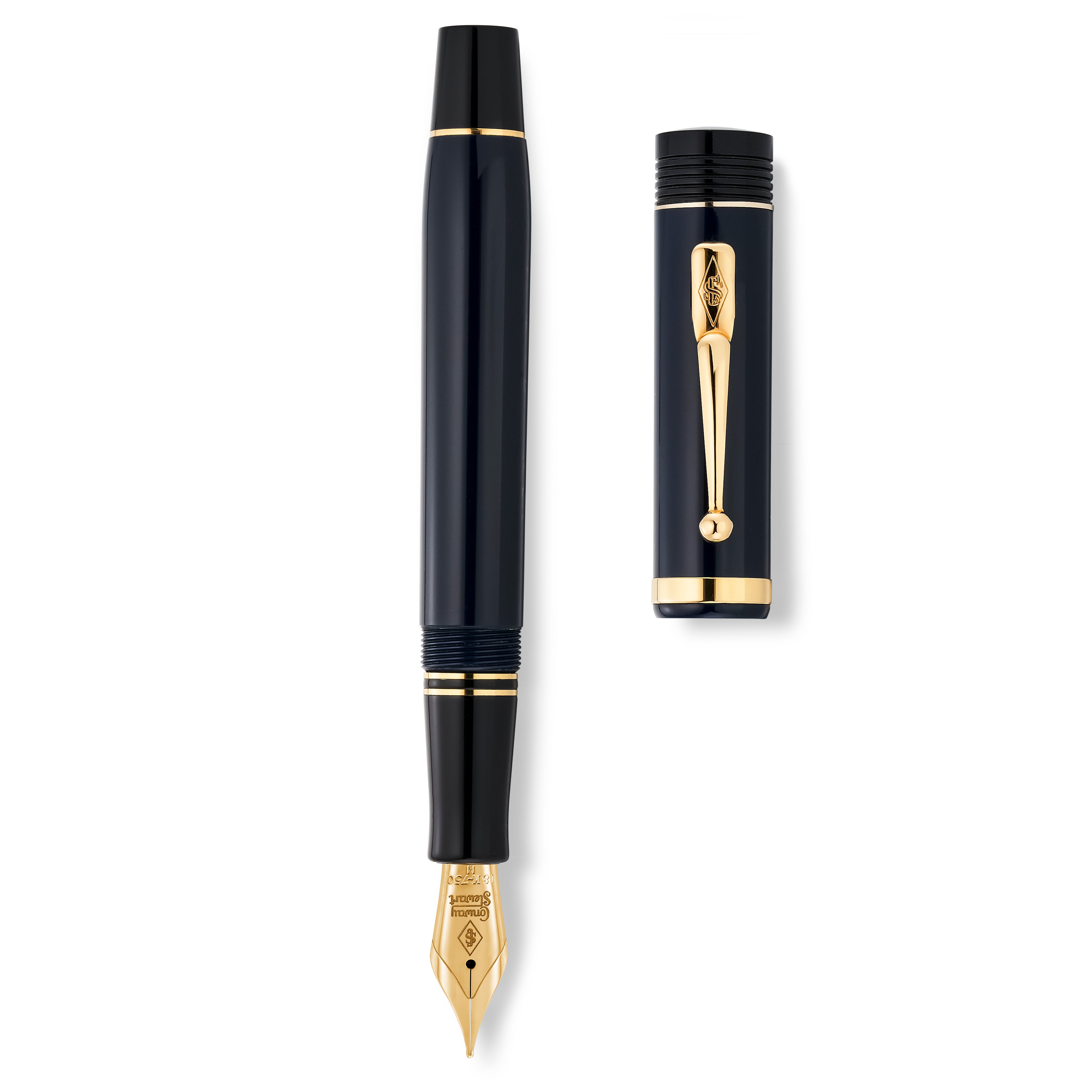 Conway Stewart Churchill Midnight Blue fountain pen and cap laid side by side, viewed from above