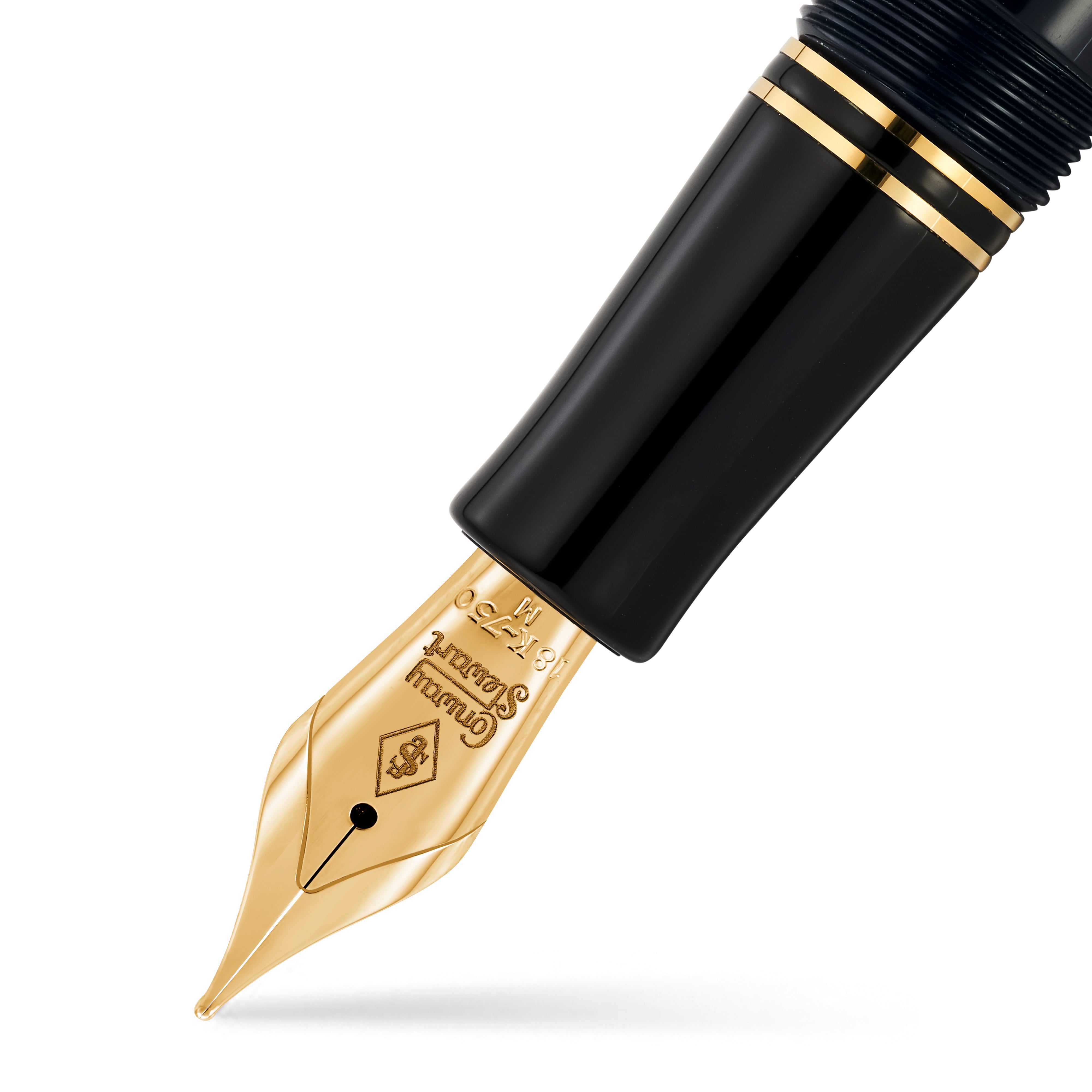 Close-up of the gold nib on the Conway Stewart Churchill Midnight Blue fountain pen