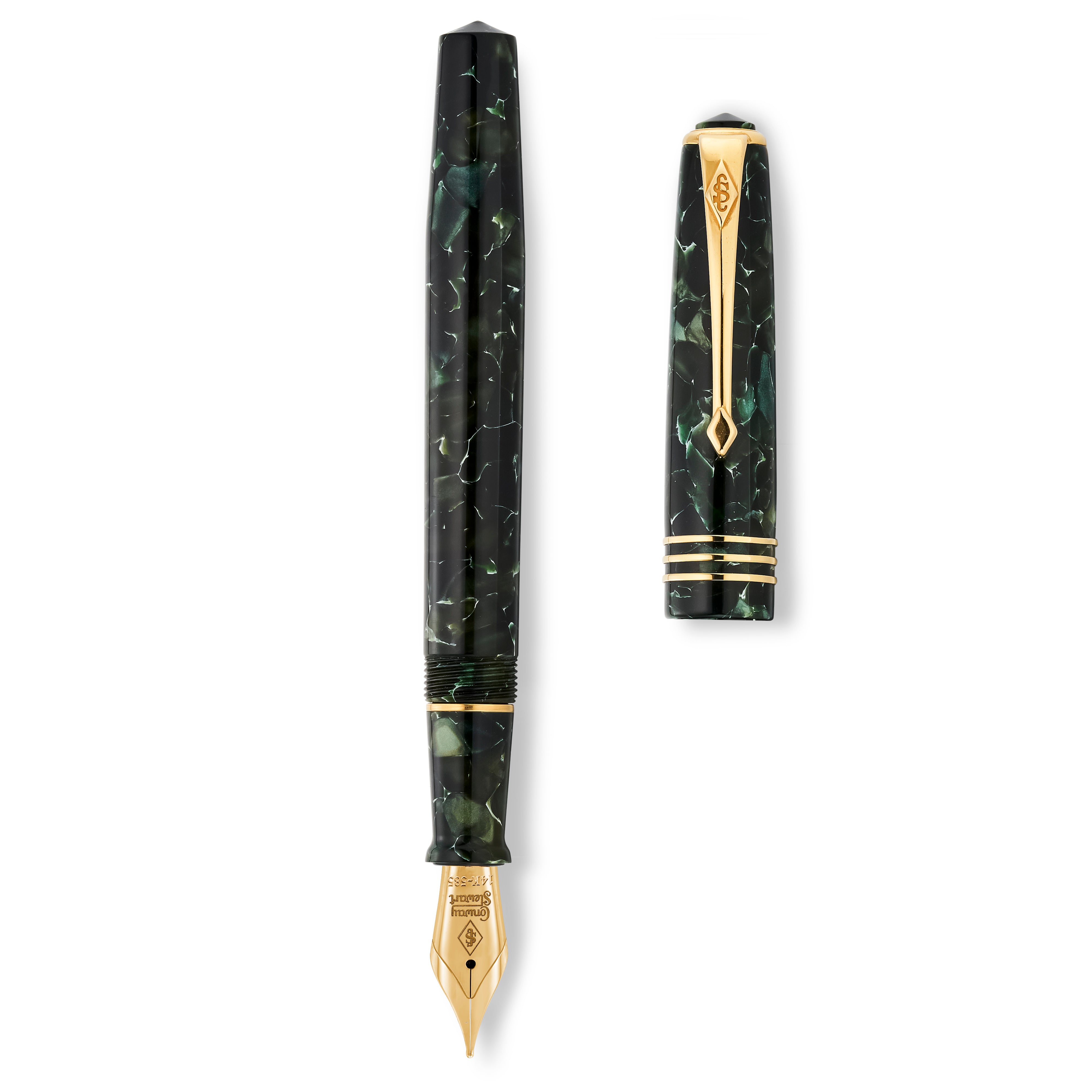 Series 58 Classic Green Stift und Kappe getrennt gezeigt, Ansicht von oben, Detailansicht des goldenen Clips