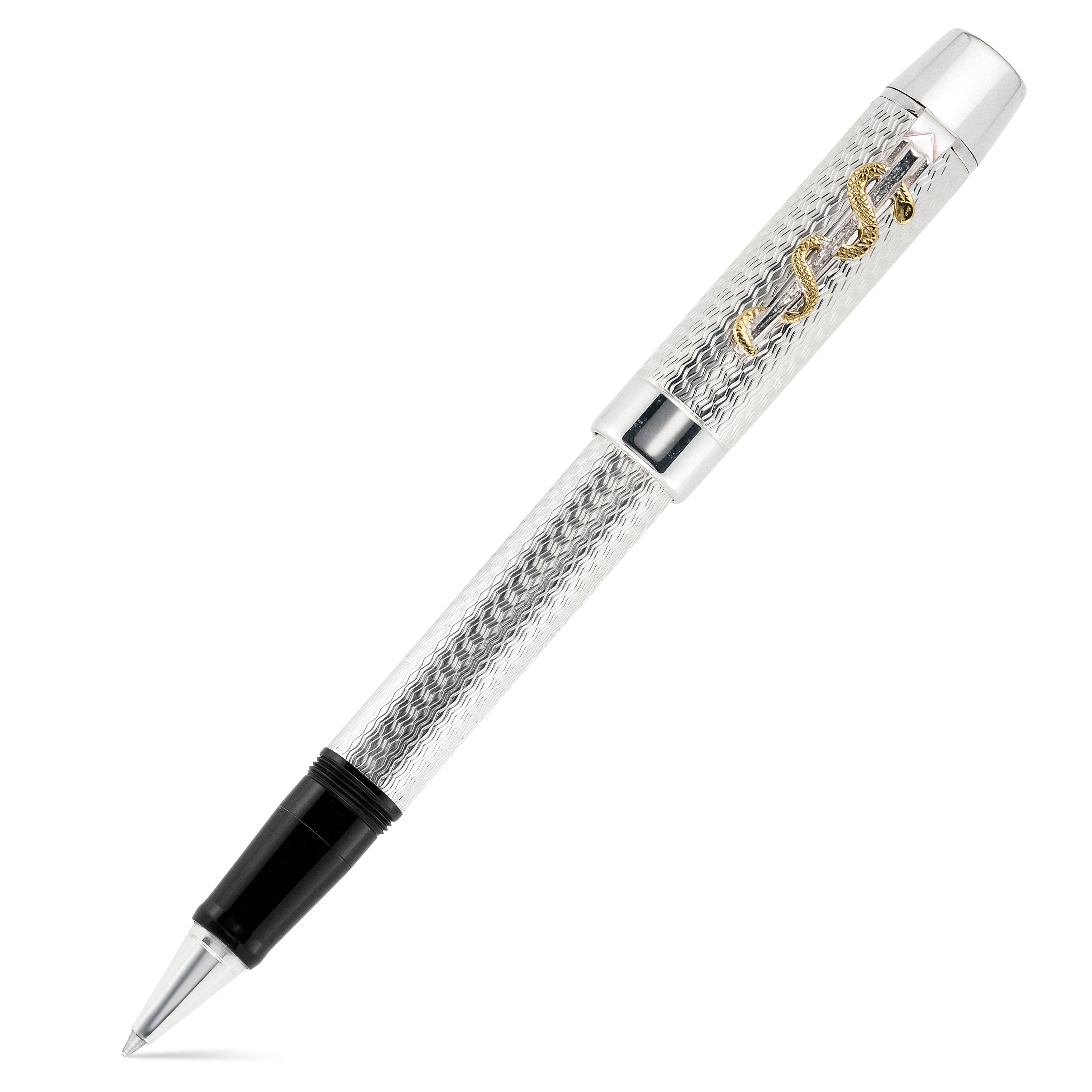 Doctor's Pen Tintenroller mit geschlossener Kappe, guillochierter Silberschaft mit goldenem Äskulapstab-Motiv