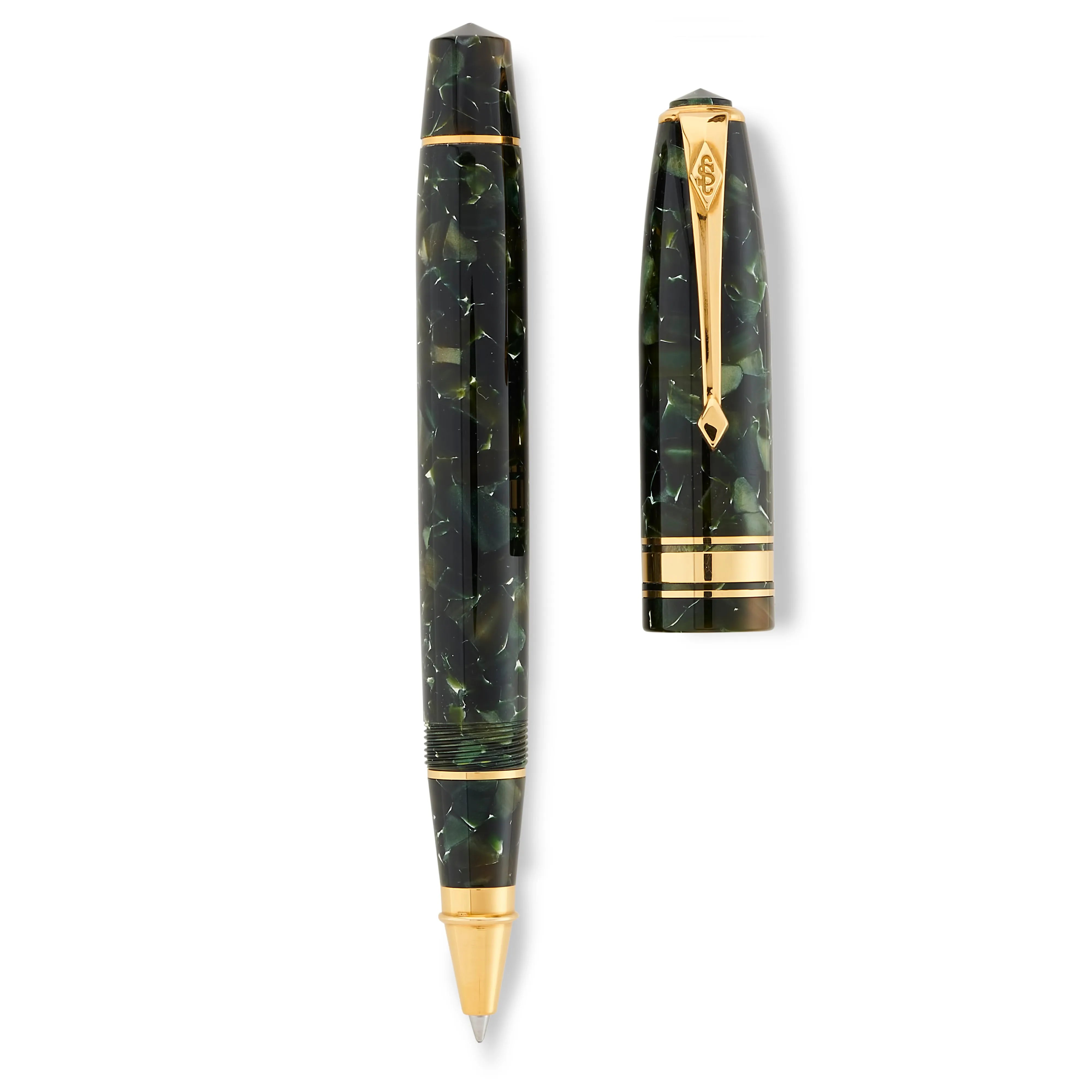 Series 100 Classic Green Tintenroller mit geschlossener und geöffneter Kappe gezeigt, Draufsicht
