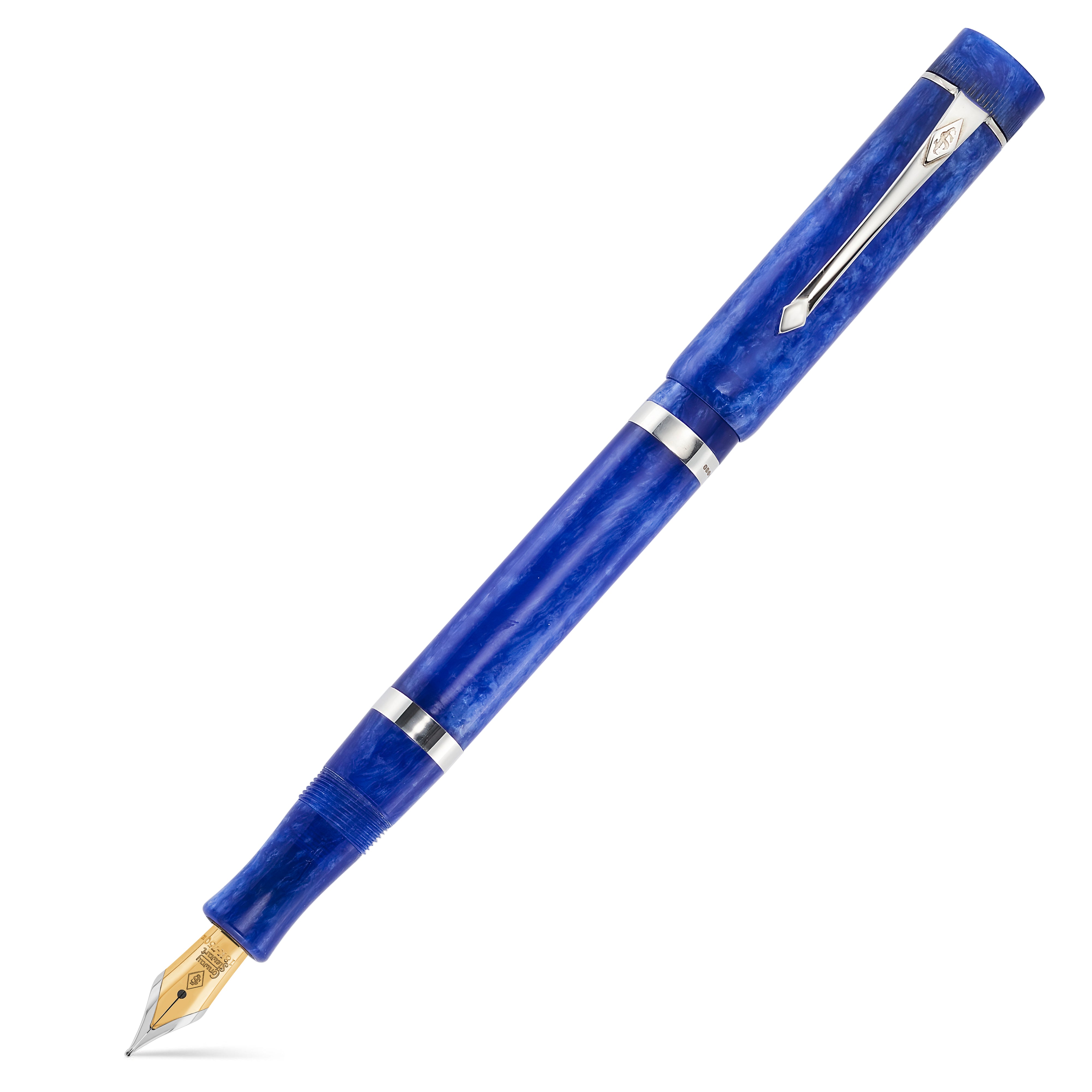 Pluma estilográfica Conway Stewart Marlborough Sapphire Blue, con el capuchón puesto, detalles plateados