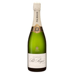 Bottle of Pol Roger Reserve champagne with cream foil and blue label