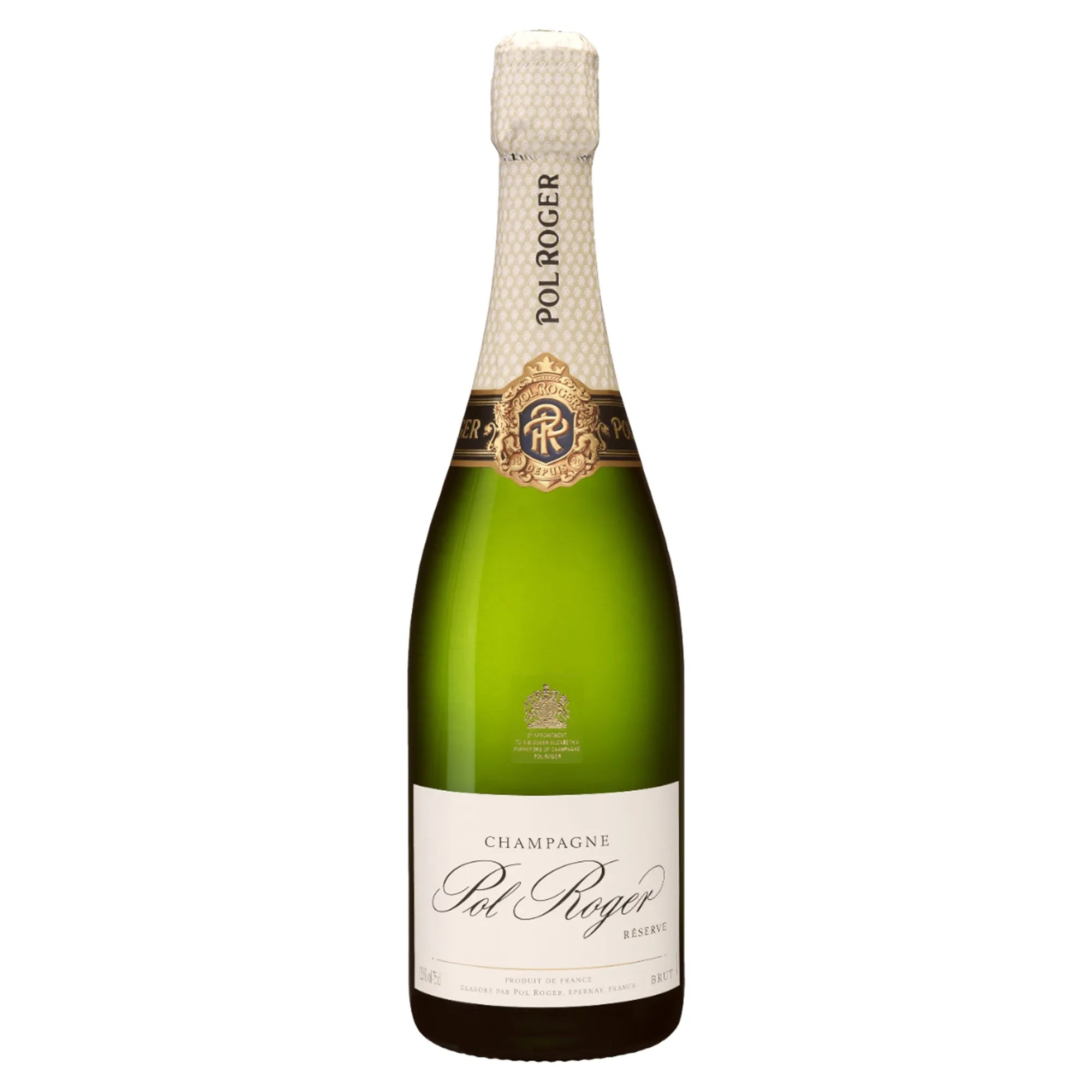 Bottle of Pol Roger Reserve champagne with cream foil and blue label