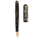 Raleigh Mocha pen and cap laid side by side, brown and cream swirled resin with gold trim