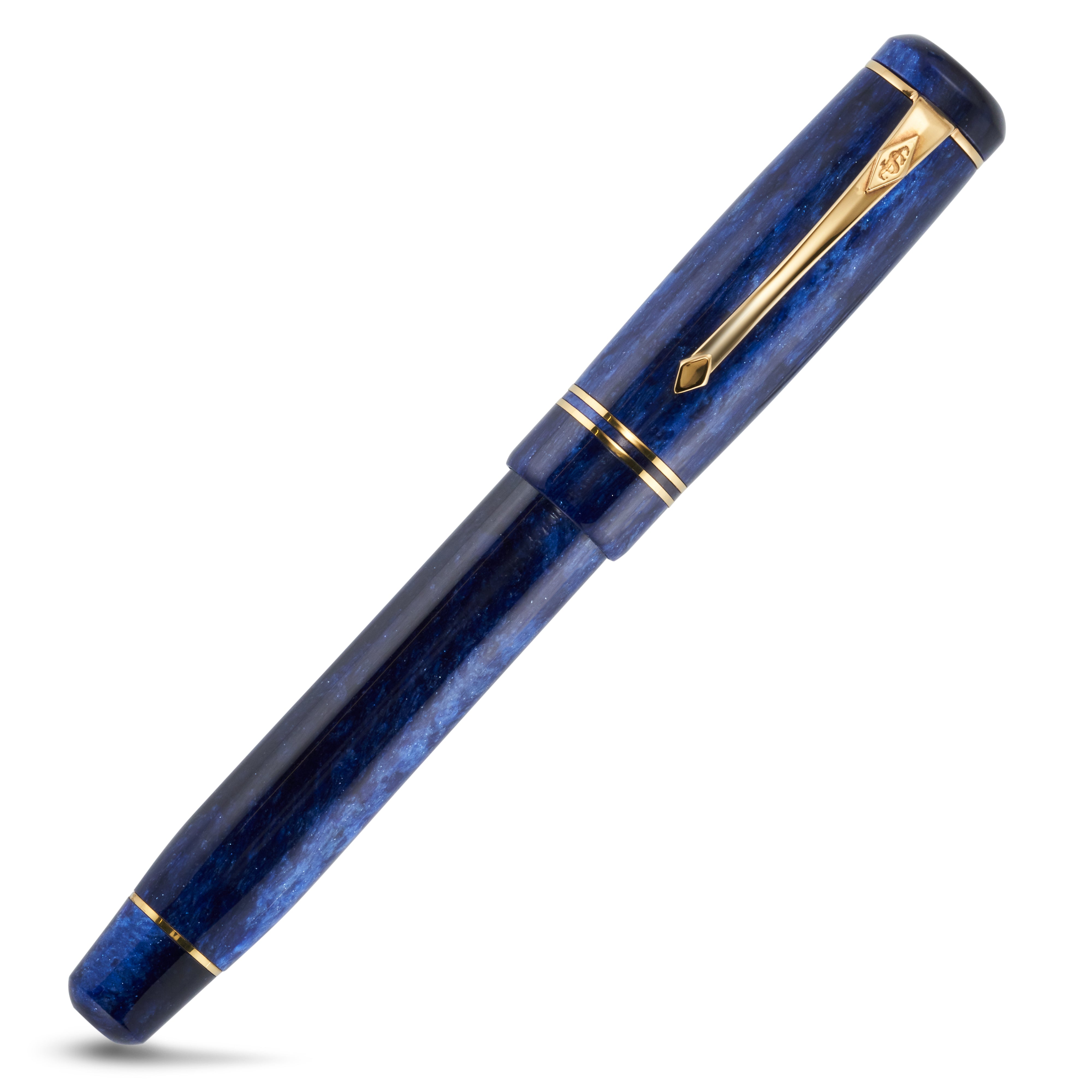 Winston Blue Stardust pen at a mirrored angle, showing the blue stardust marbling in full