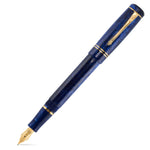 Winston Blue Stardust fountain pen on white background, blue marbled resin and gold trim