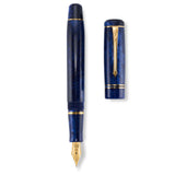 Pen and cap laid side by side, blue marbling shown on both barrel and cap