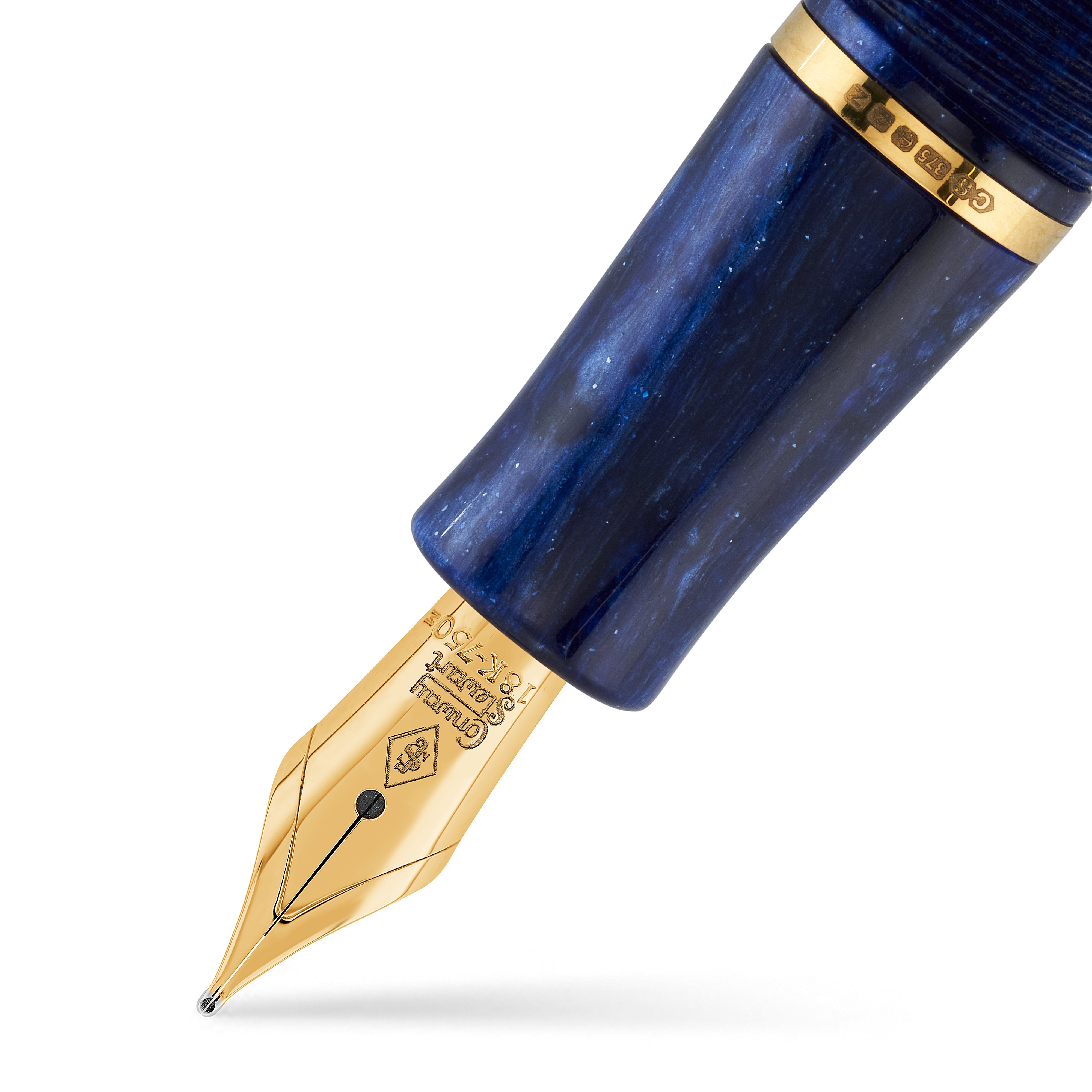 Close-up of the gold nib engraved with the Conway Stewart crest, blue marbled grip above