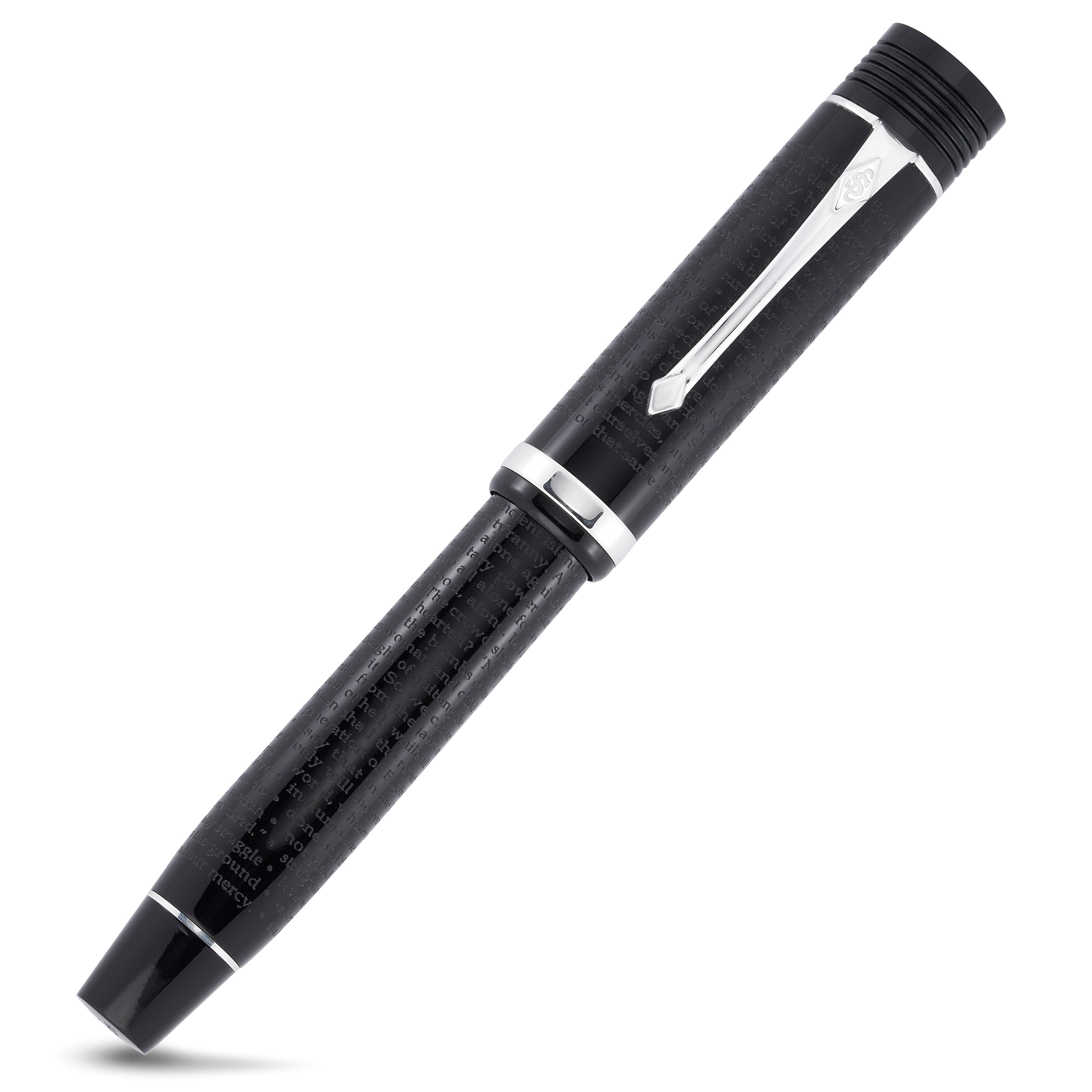 VE-Day fountain pen capped, black textured barrel with chrome trim, angled view