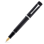 VE-Day fountain pen capped, black textured barrel with chrome trim, diagonal view
