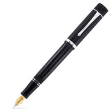 VE-Day fountain pen capped, black textured barrel with chrome trim, diagonal view