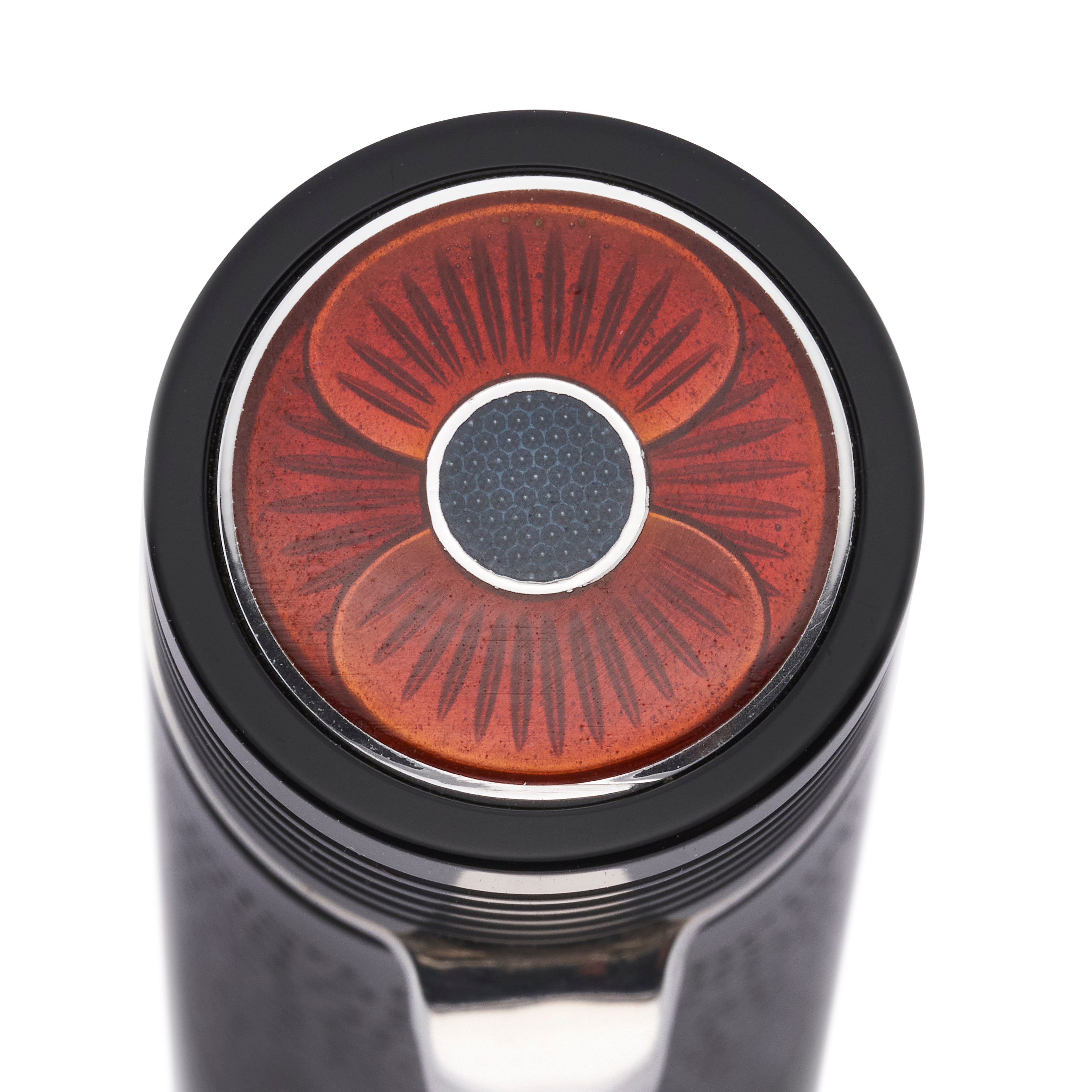 Close-up of the silver cap band stamped CS925, engraved barrel text from a Churchill speech