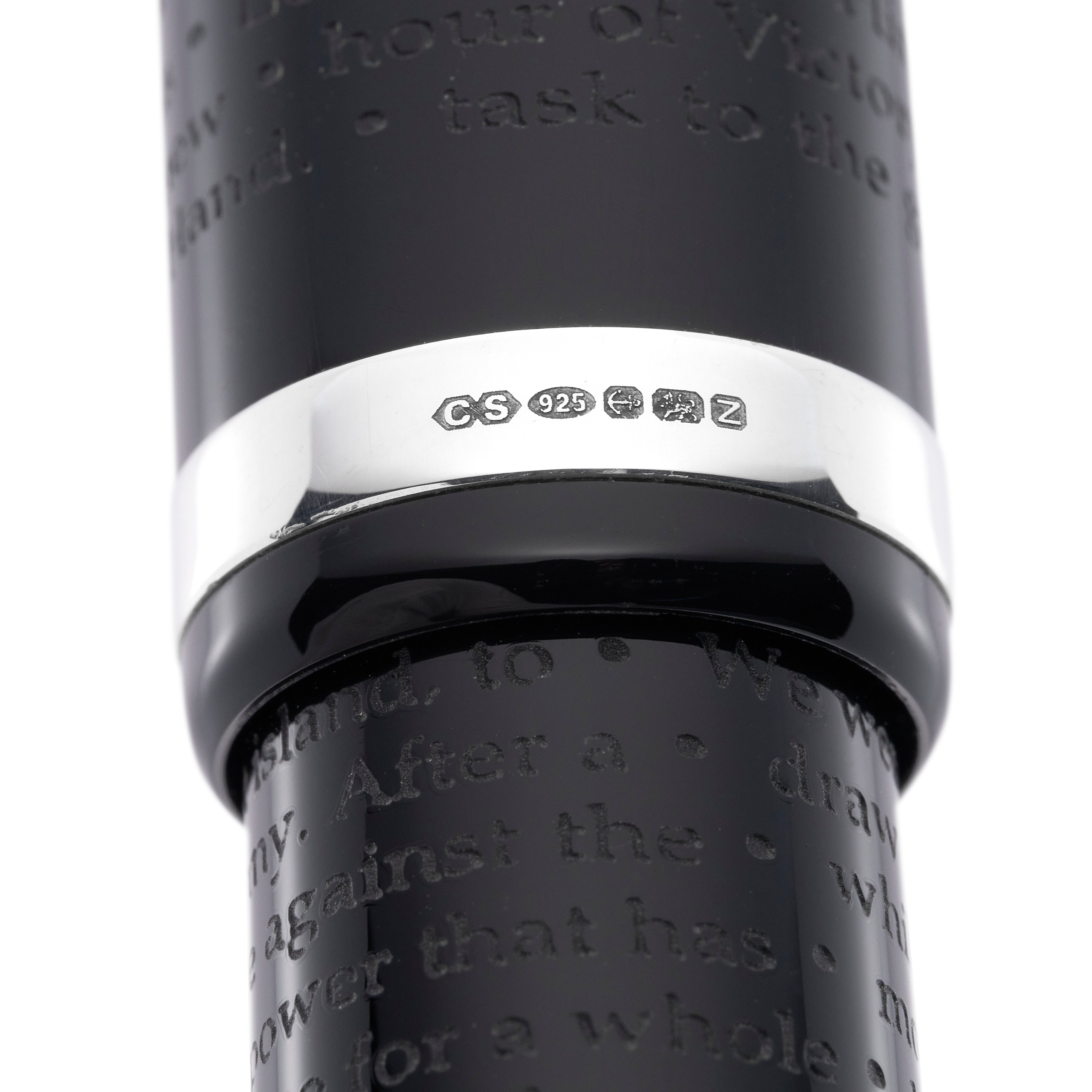 Barrel engraving of Churchill's victory speech text on the VE-Day pen