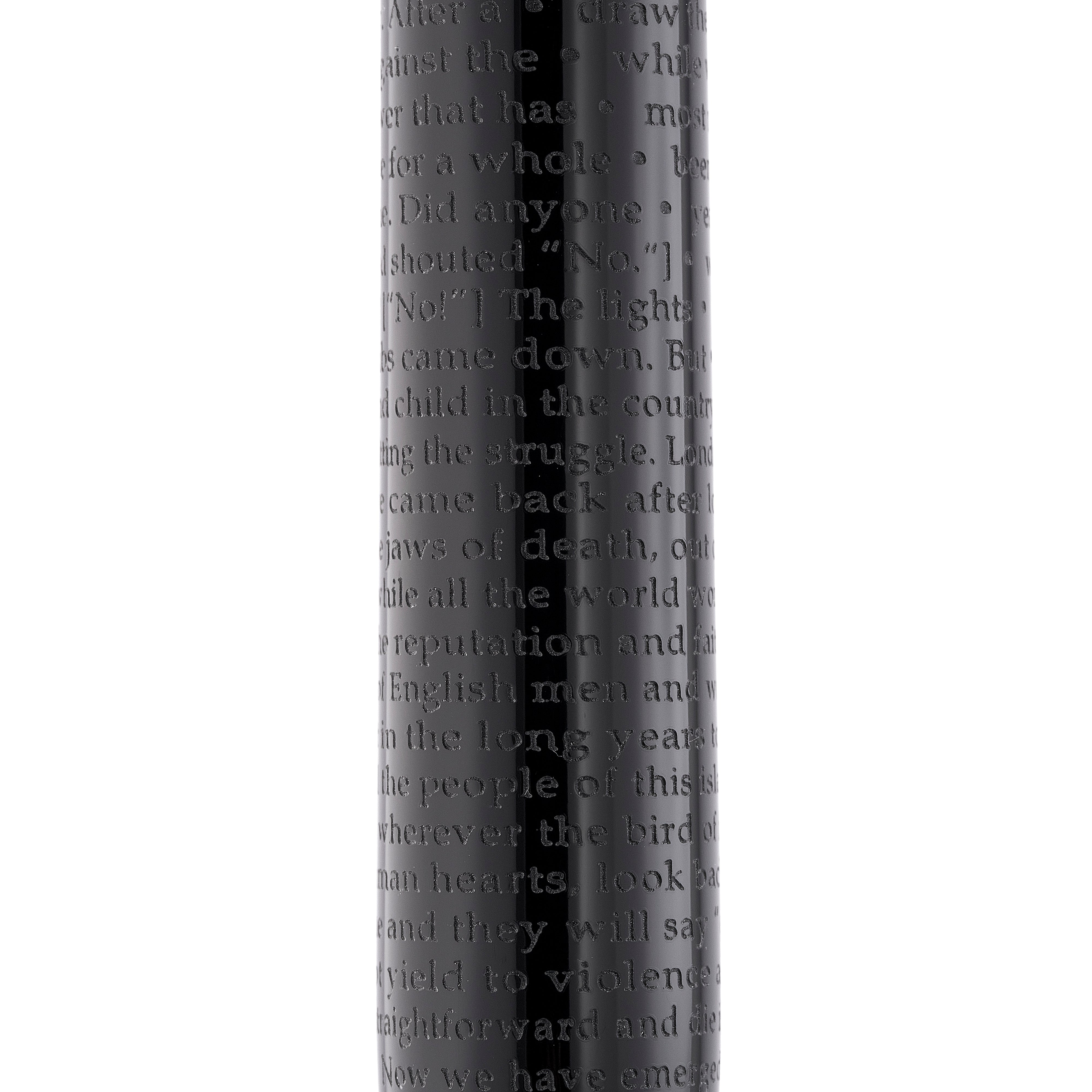 Barrel engraving of Churchill's victory speech text on the VE-Day pen, further passage