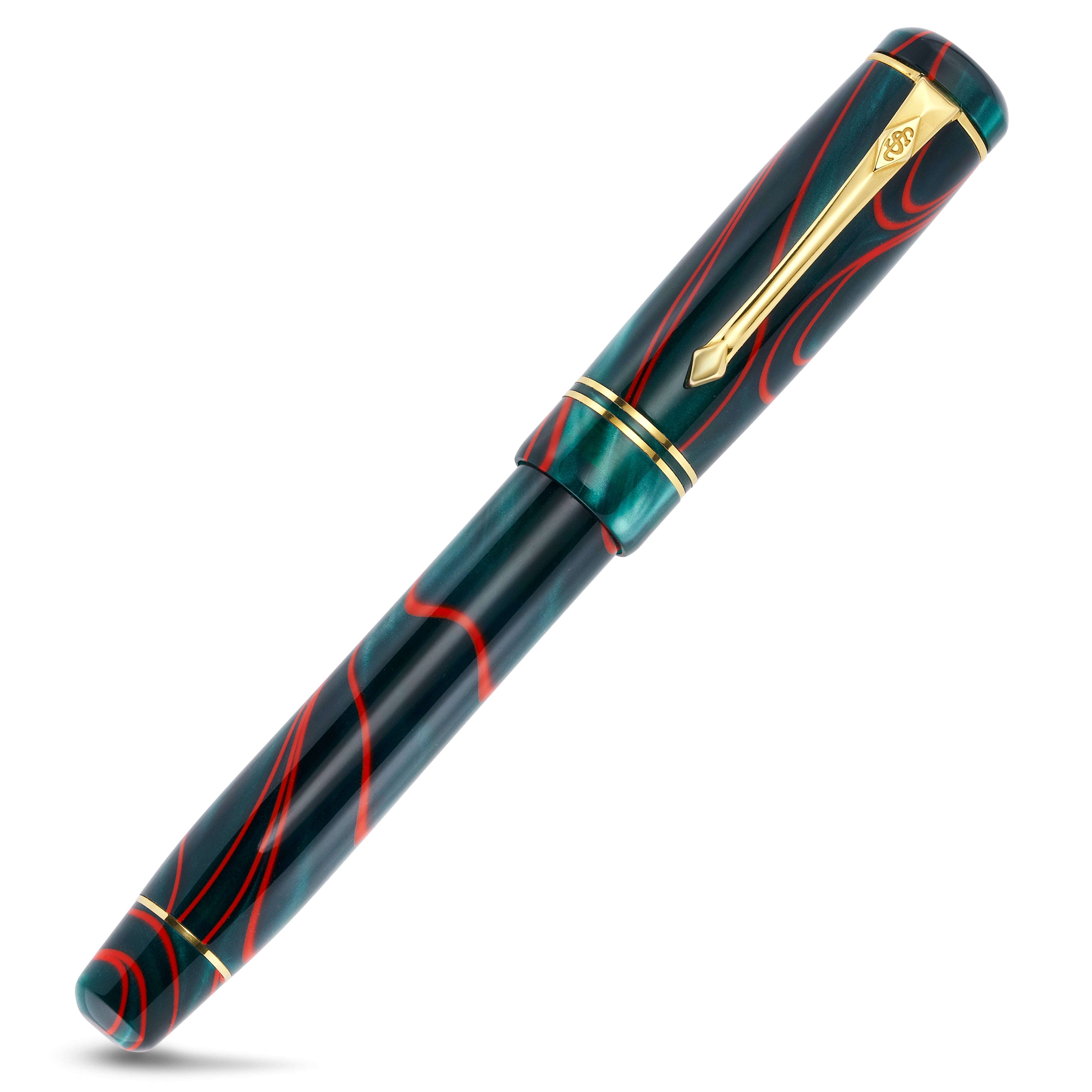 Winston Red Whirl fountain pen capped, angled view of the teal and red swirled barrel