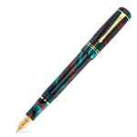 Winston Red Whirl fountain pen capped, teal-green acrylic with a red swirl pattern