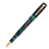 Winston Red Whirl fountain pen capped, teal-green acrylic with a red swirl pattern