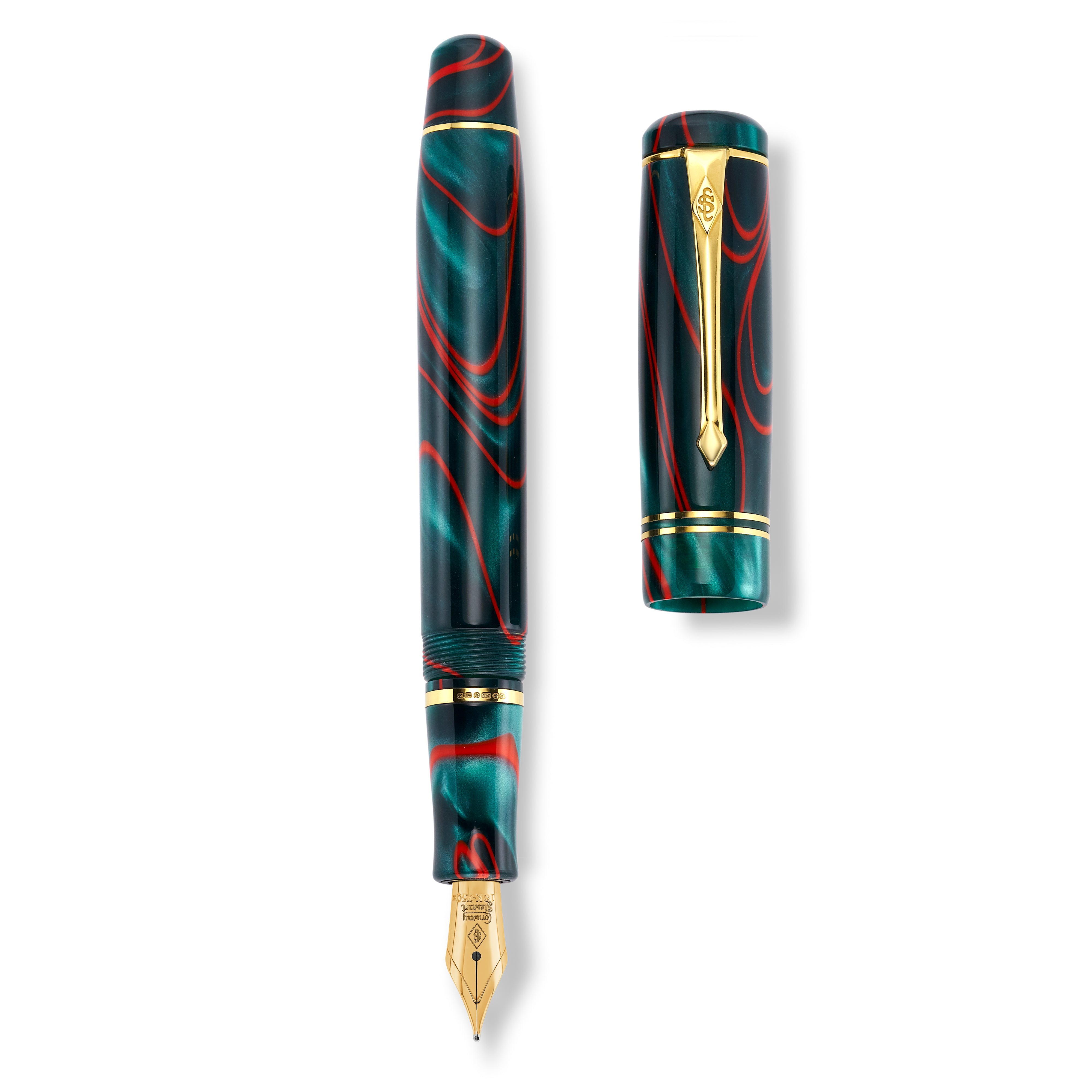 Winston Red Whirl pen shown capped and uncapped, top-down view revealing the gold nib