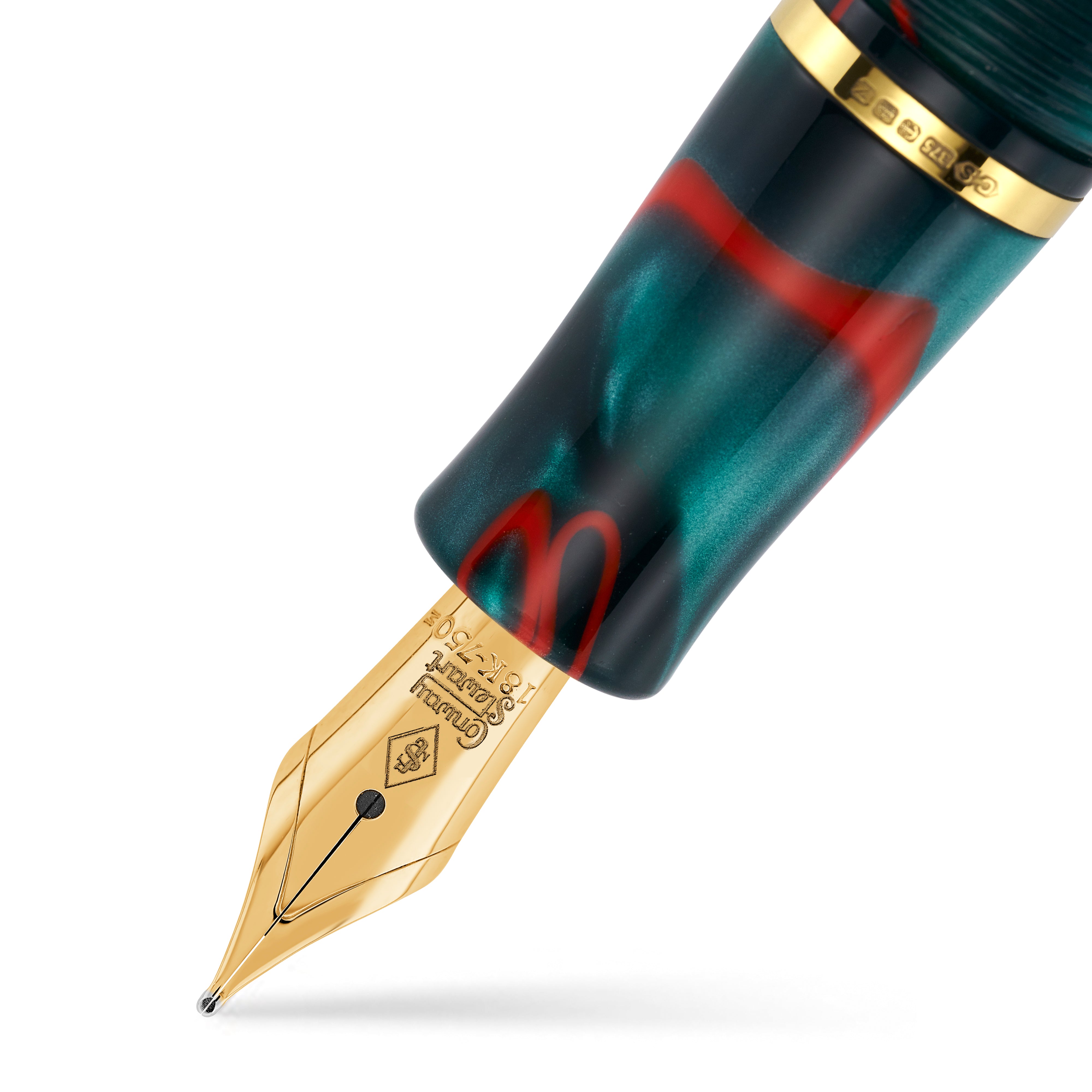 Close-up of the gold nib on the Winston Red Whirl fountain pen
