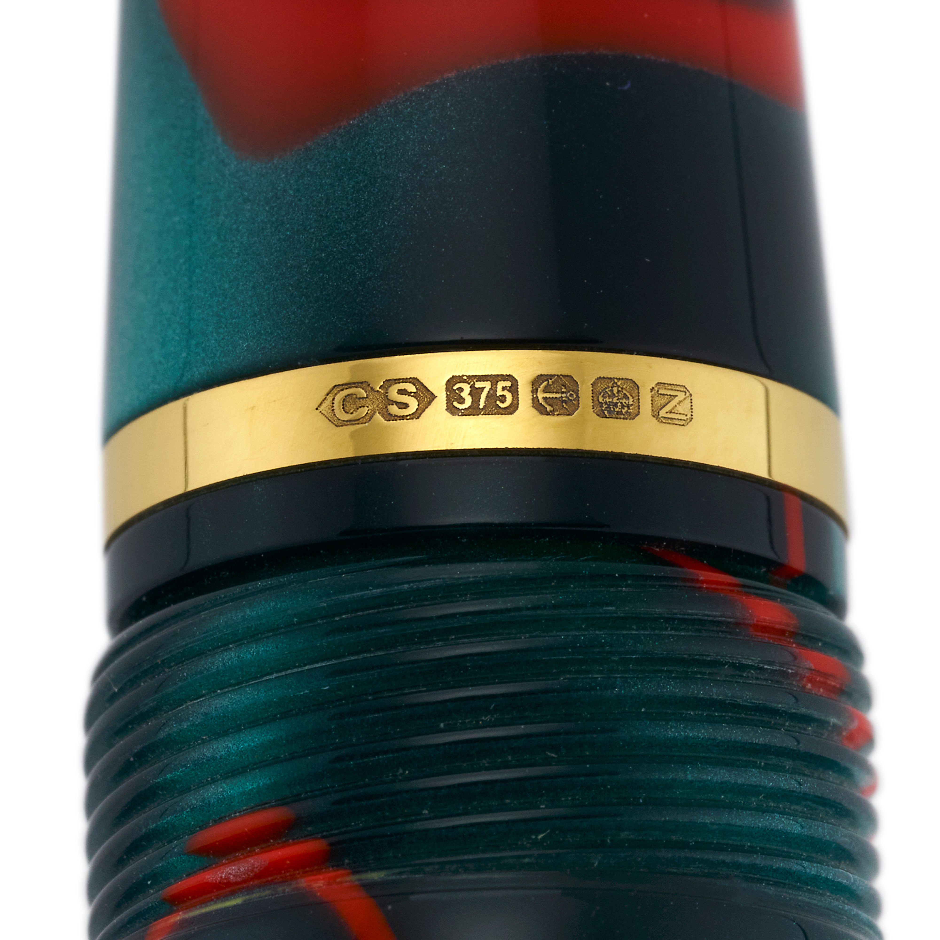 Close-up of the gold cap band stamped CS375 on the Winston Red Whirl fountain pen
