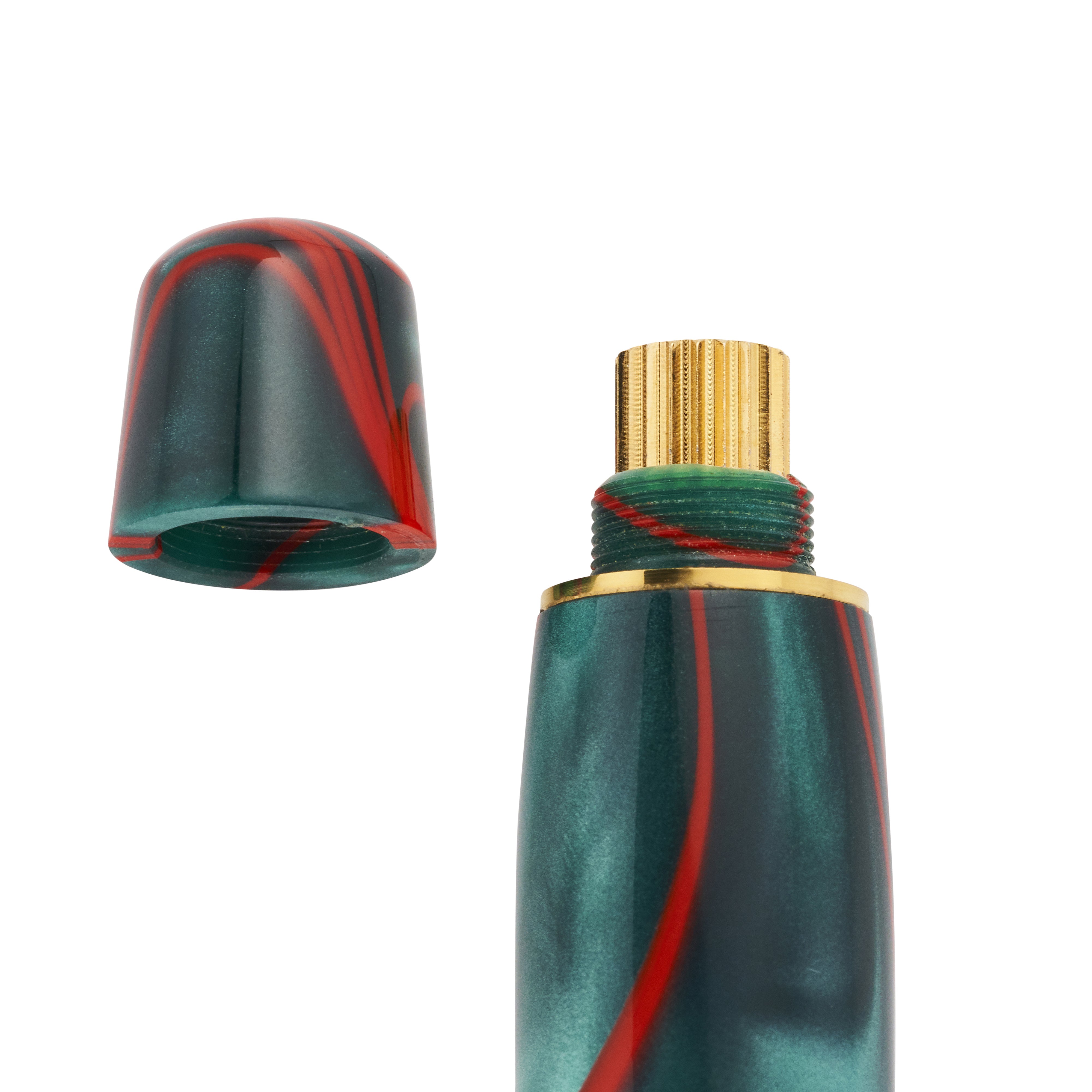 Winston Red Whirl pen cap removed, showing the threaded section and teal-red swirl pattern