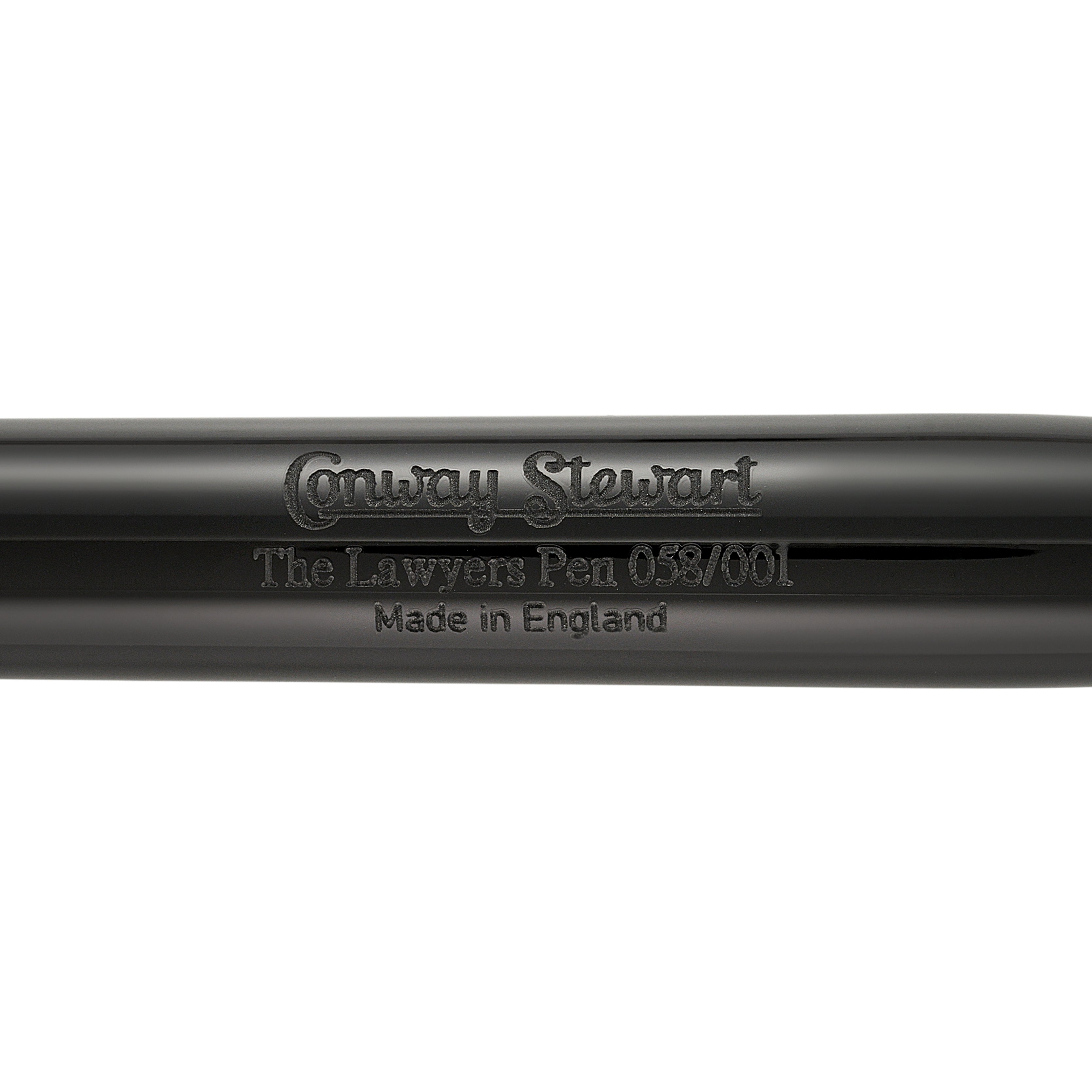 Engraved barrel detail reading 'Conway Stewart The Lawyers Pen 058/001', made in England