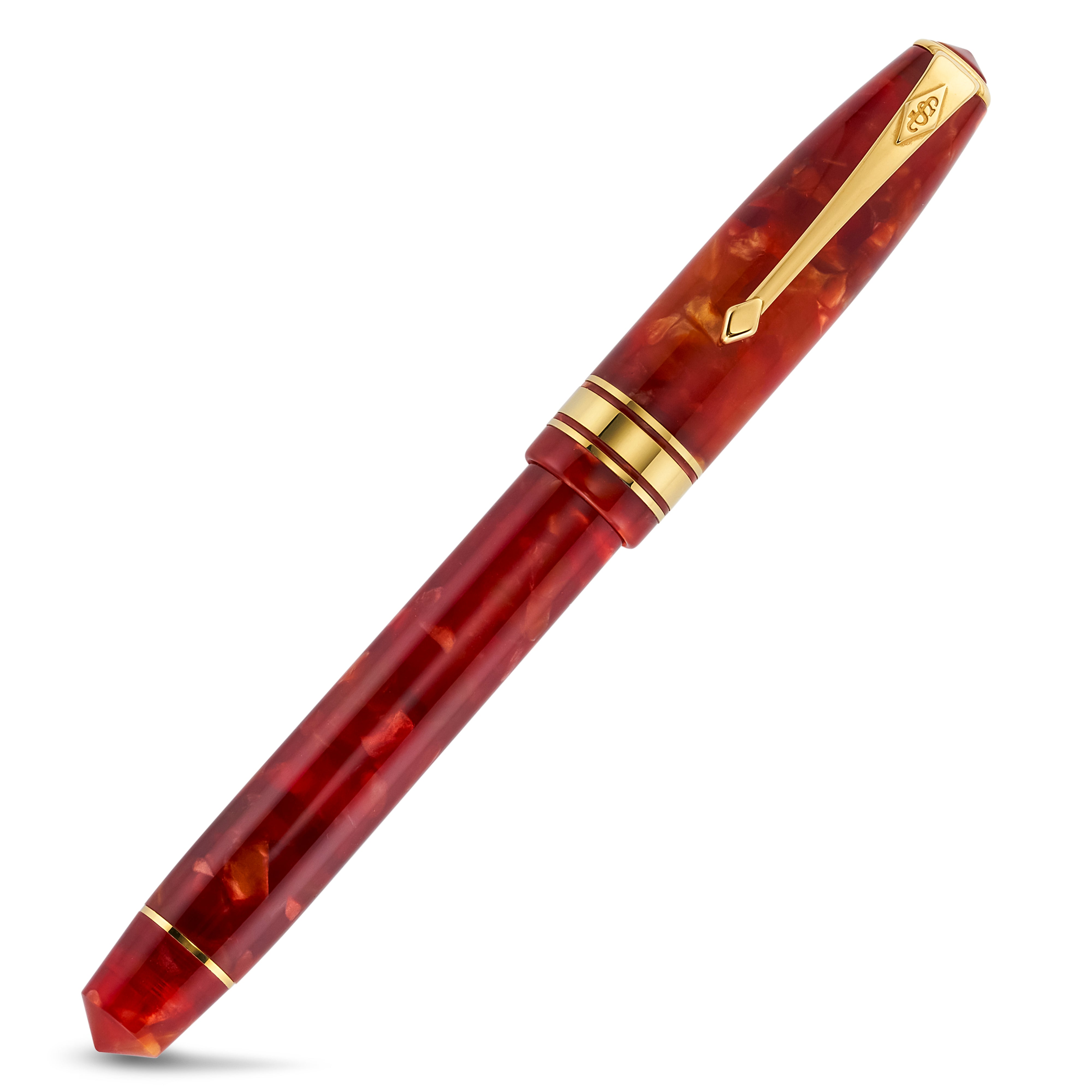 Conway Stewart Series 100 Cherry Red Füllfederhalter mit geschlossener Kappe, marmoriert kirschrotes Acryl mit Goldakzenten