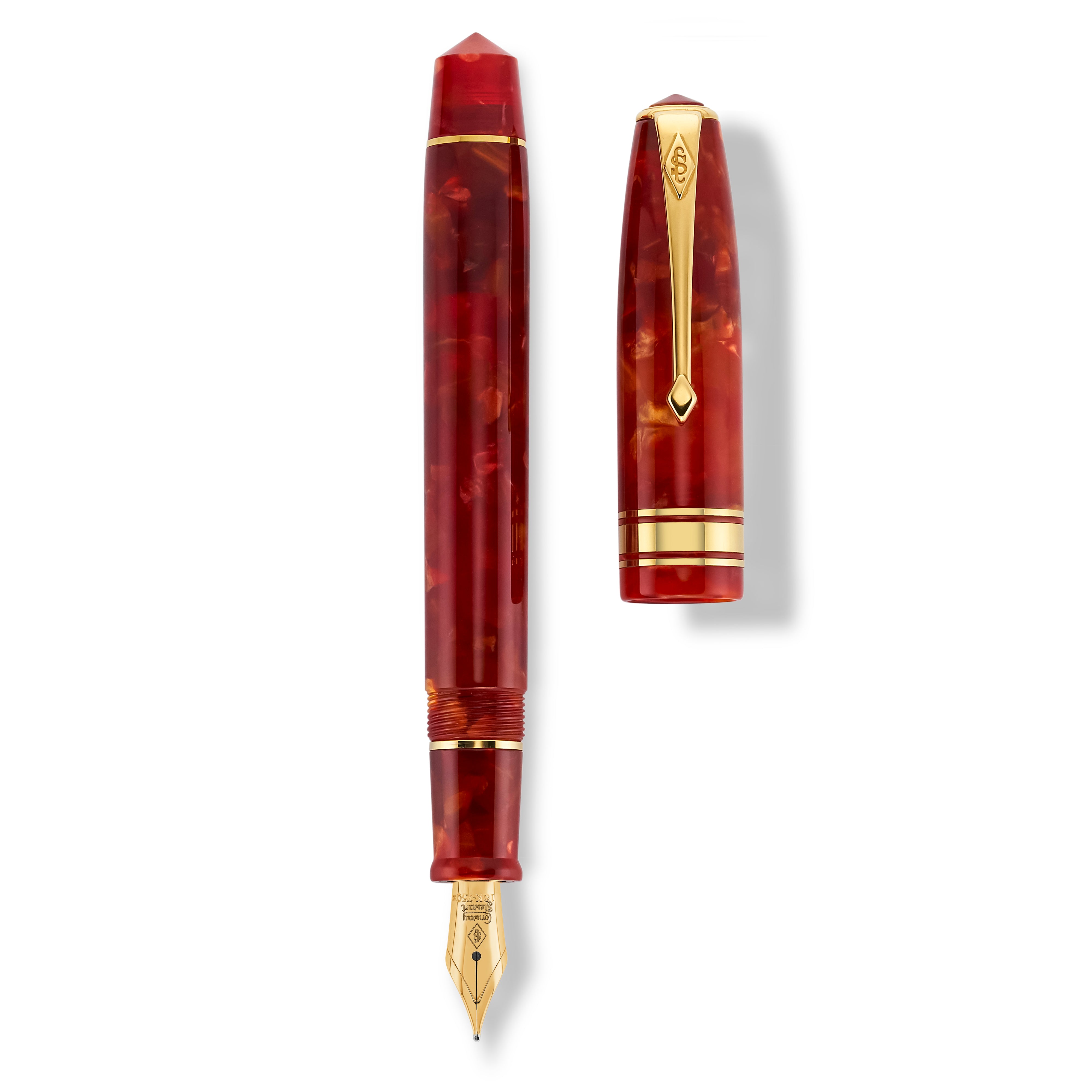 Conway Stewart Series 100 Cherry Red Füllfederhalter und Kappe nebeneinander liegend, von oben betrachtet