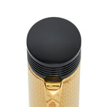 Close-up of the black cap top on the Conway Stewart Churchill Vermeil fountain pen, gold filigree barrel below