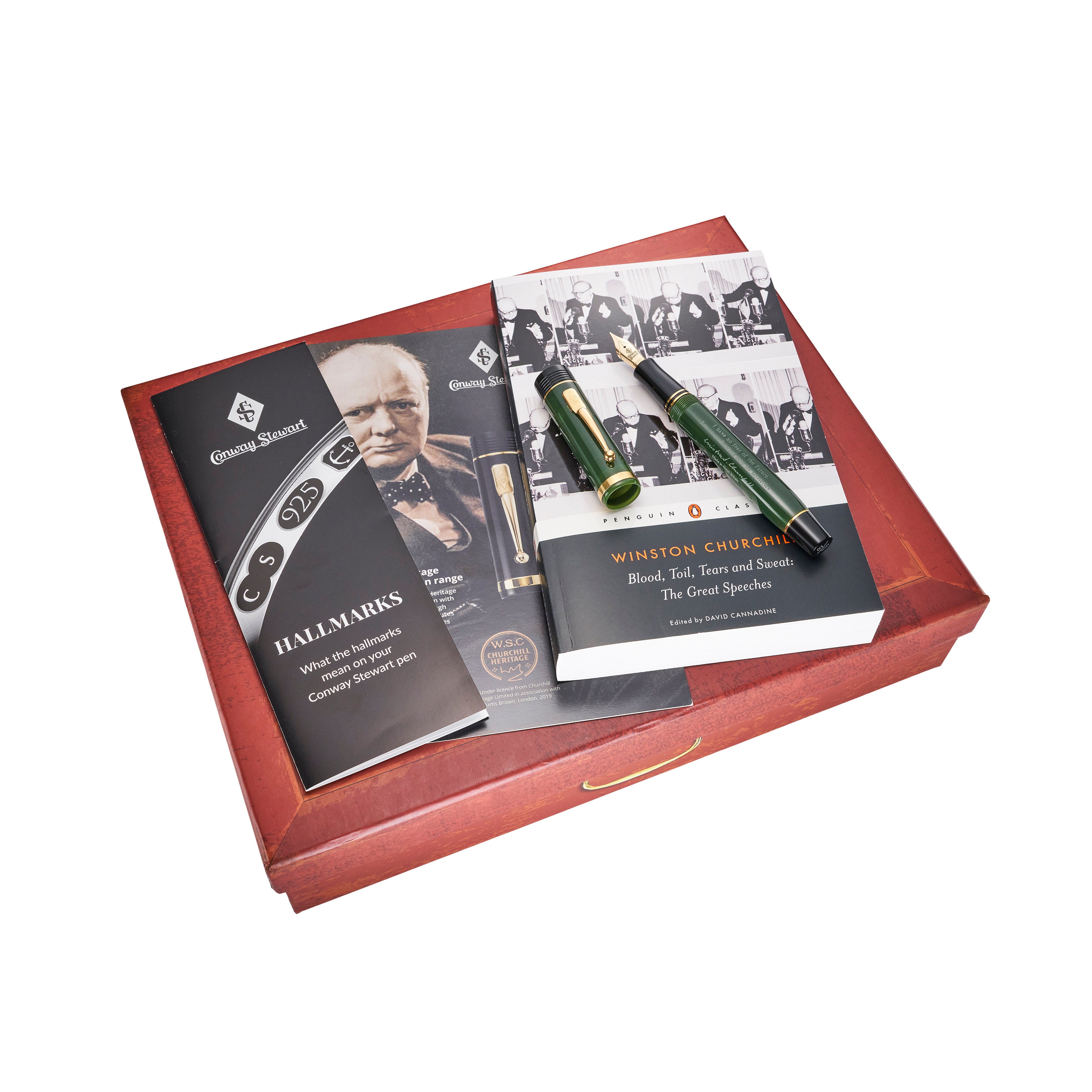Set de regalo Churchill Heritage con folleto de contrastes, libro biográfico de Churchill y pluma estilográfica verde