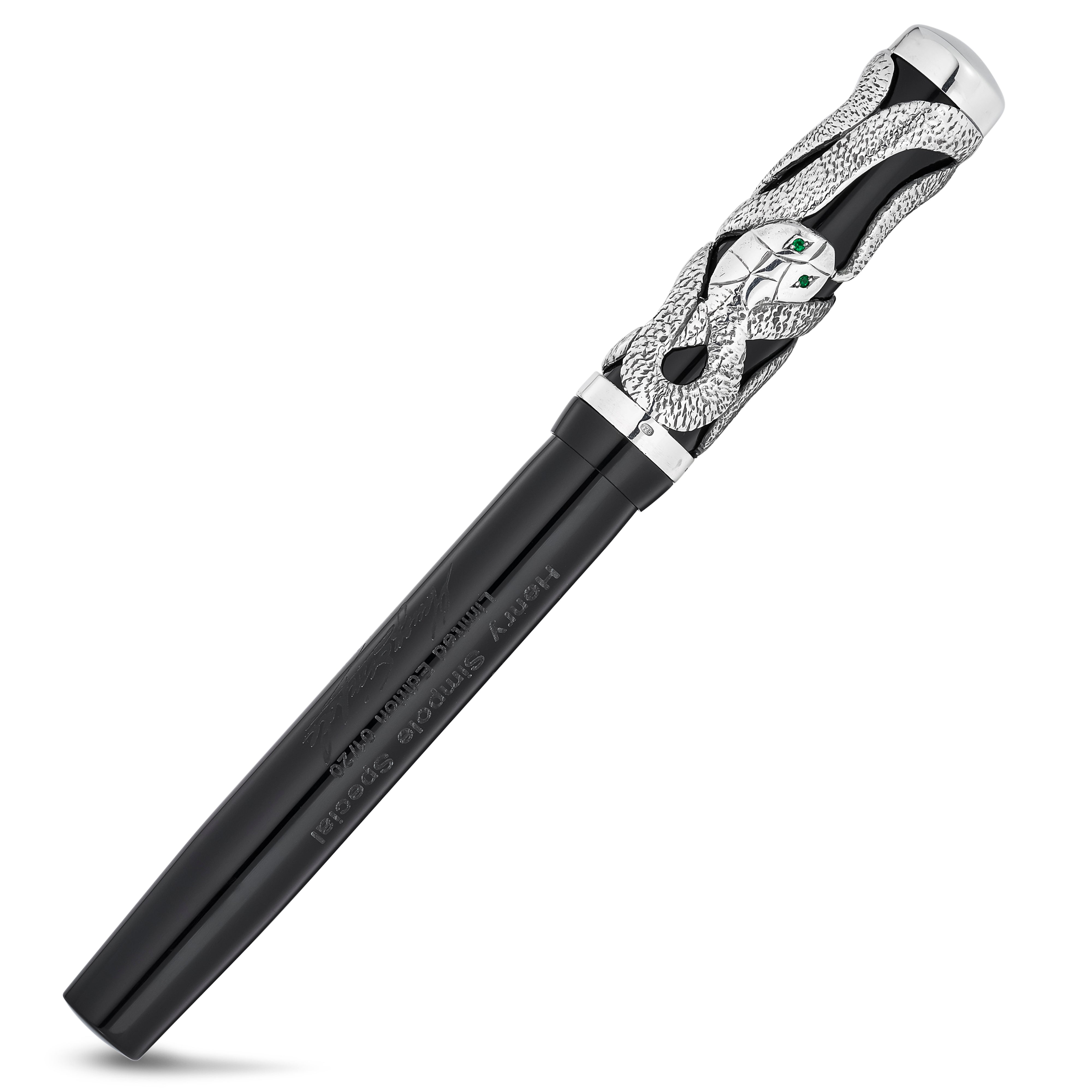 Henry Simpole Special pen at a mirrored angle, showing the silver serpent cap design in full