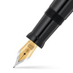 Close-up of the gold nib engraved with the Conway Stewart crest, black grip section above