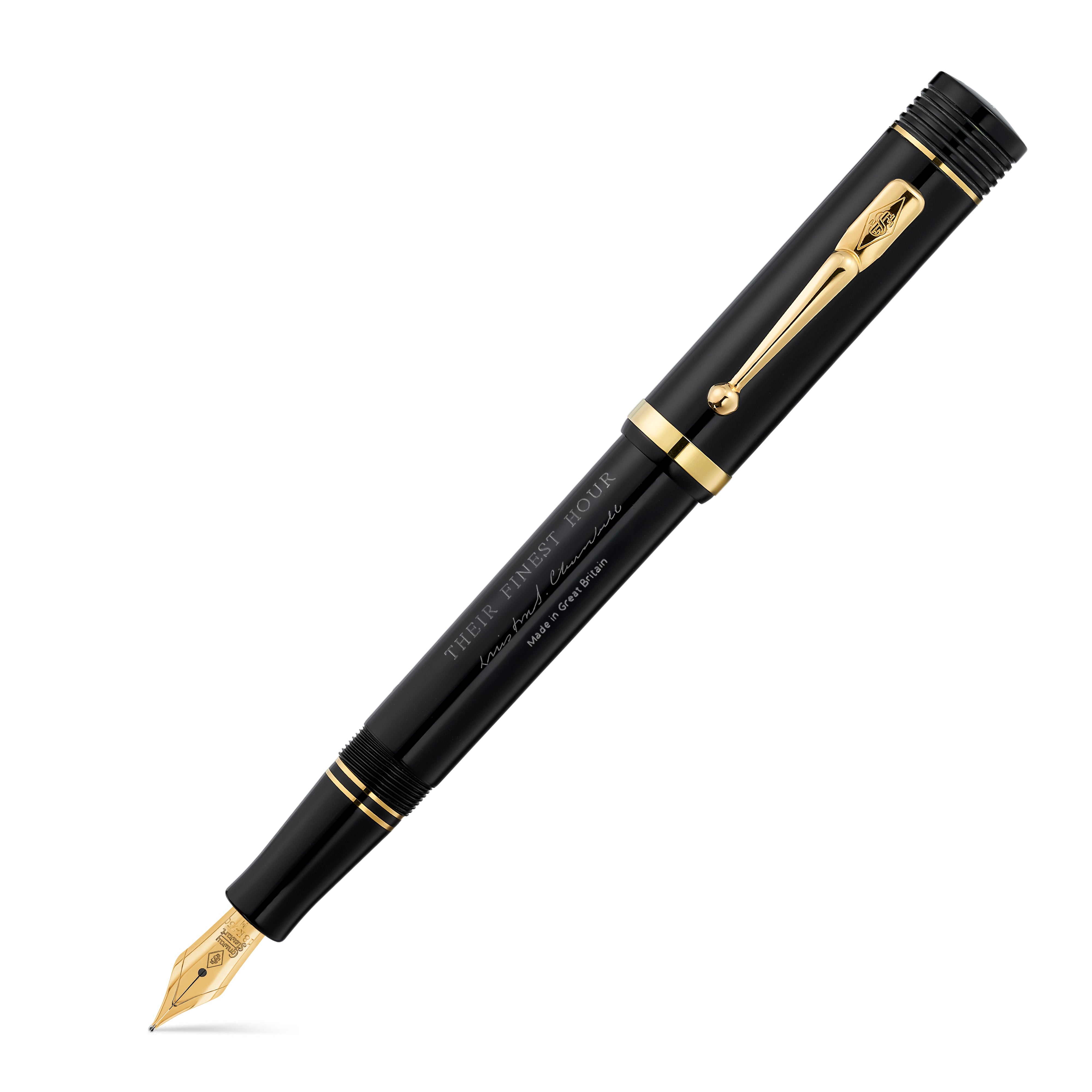 Churchill Heritage THEIR FINEST HOUR Classic Black Füllfederhalter, Kappe geschlossen, schwarz mit goldenem Clip