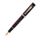 Their Finest Hour Bordeaux Fountain Pen on white background, nib to the lower left, engraved barrel and gold clip visible