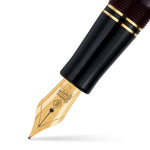 Close-up of the fountain pen's gold nib engraved with the Conway Stewart crest