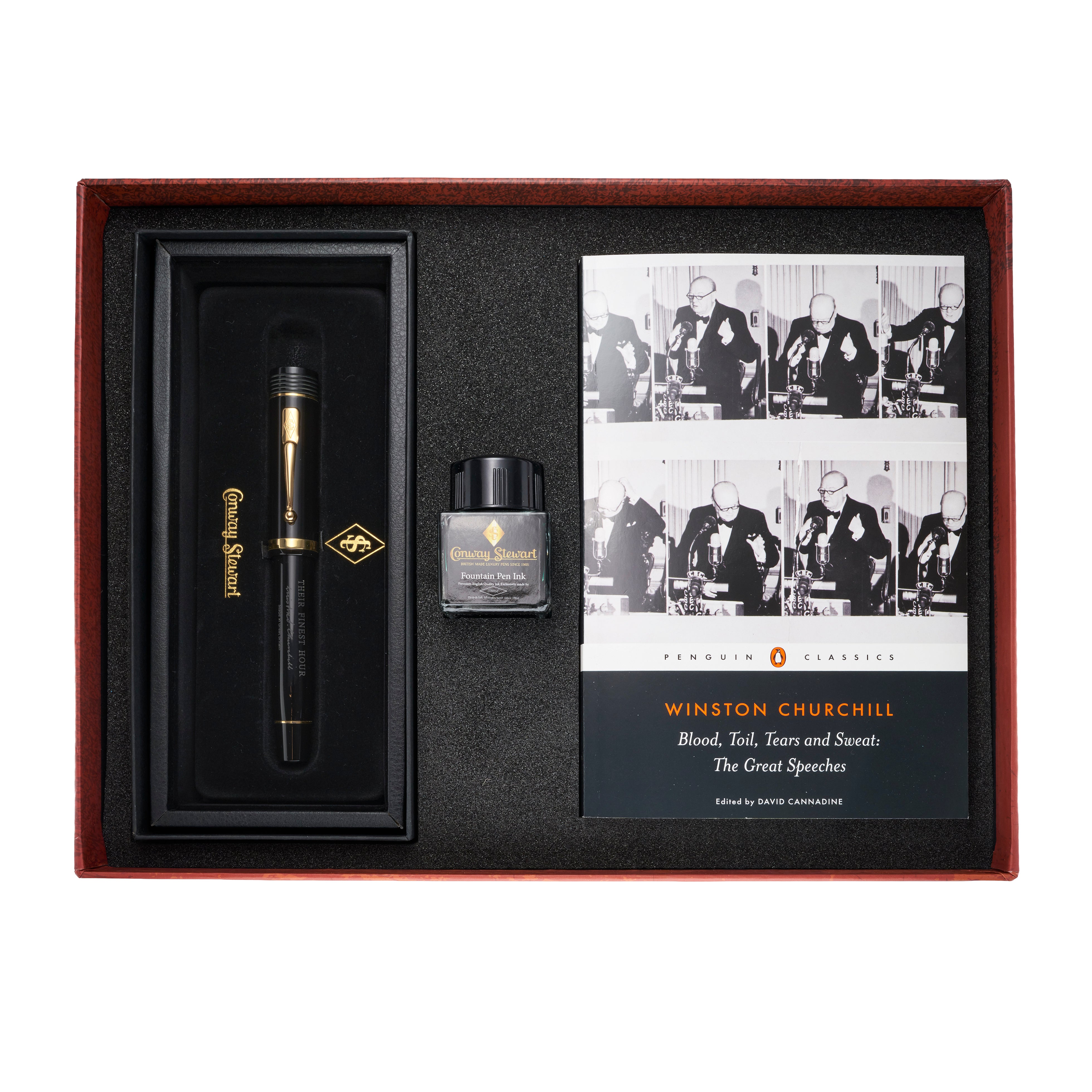 Churchill Heritage Geschenkset geöffnet: Stift, Conway Stewart Tintenflasche und Buch mit Churchills Reden