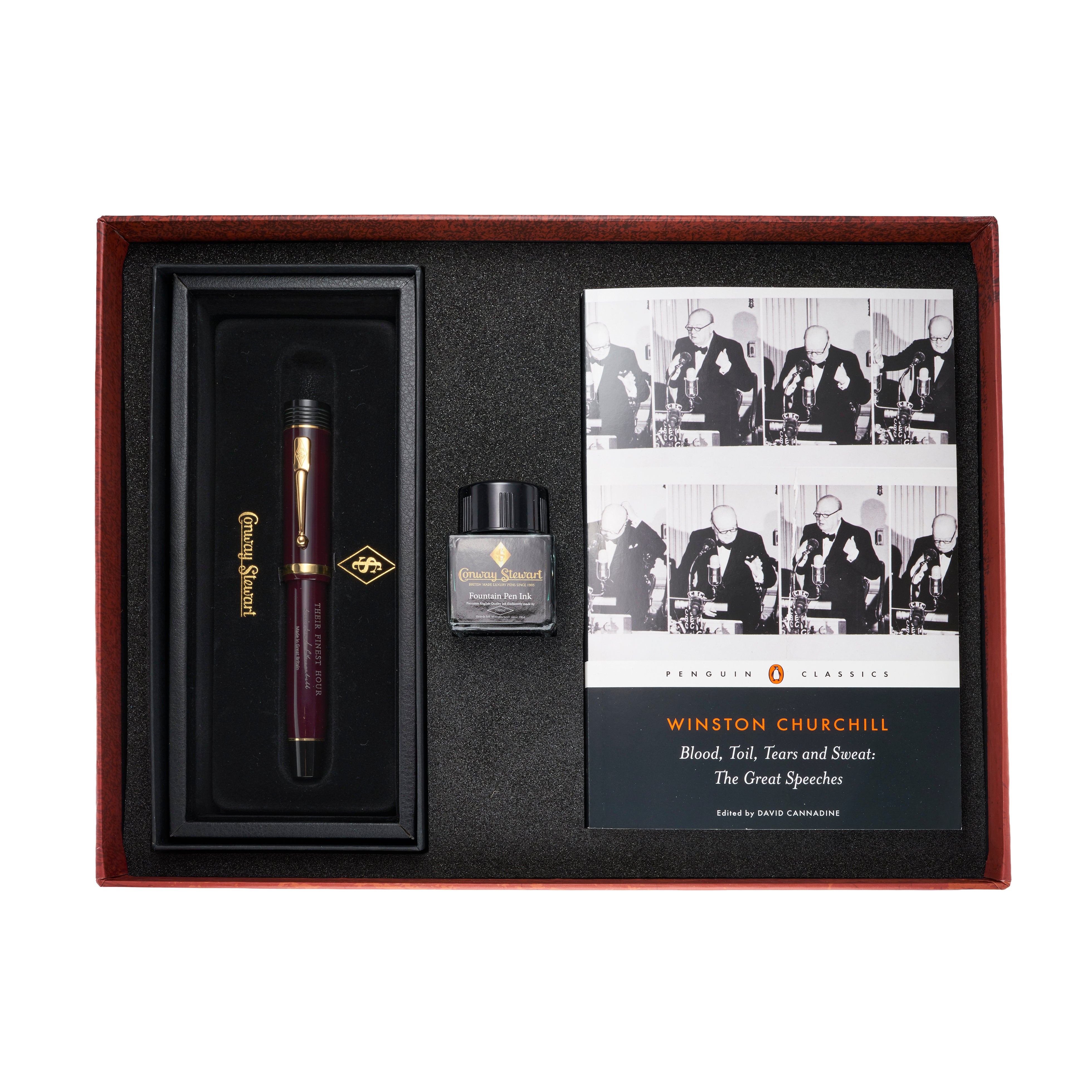 Boxed set viewed from above: fountain pen, bottle of Conway Stewart ink and the Churchill speeches book