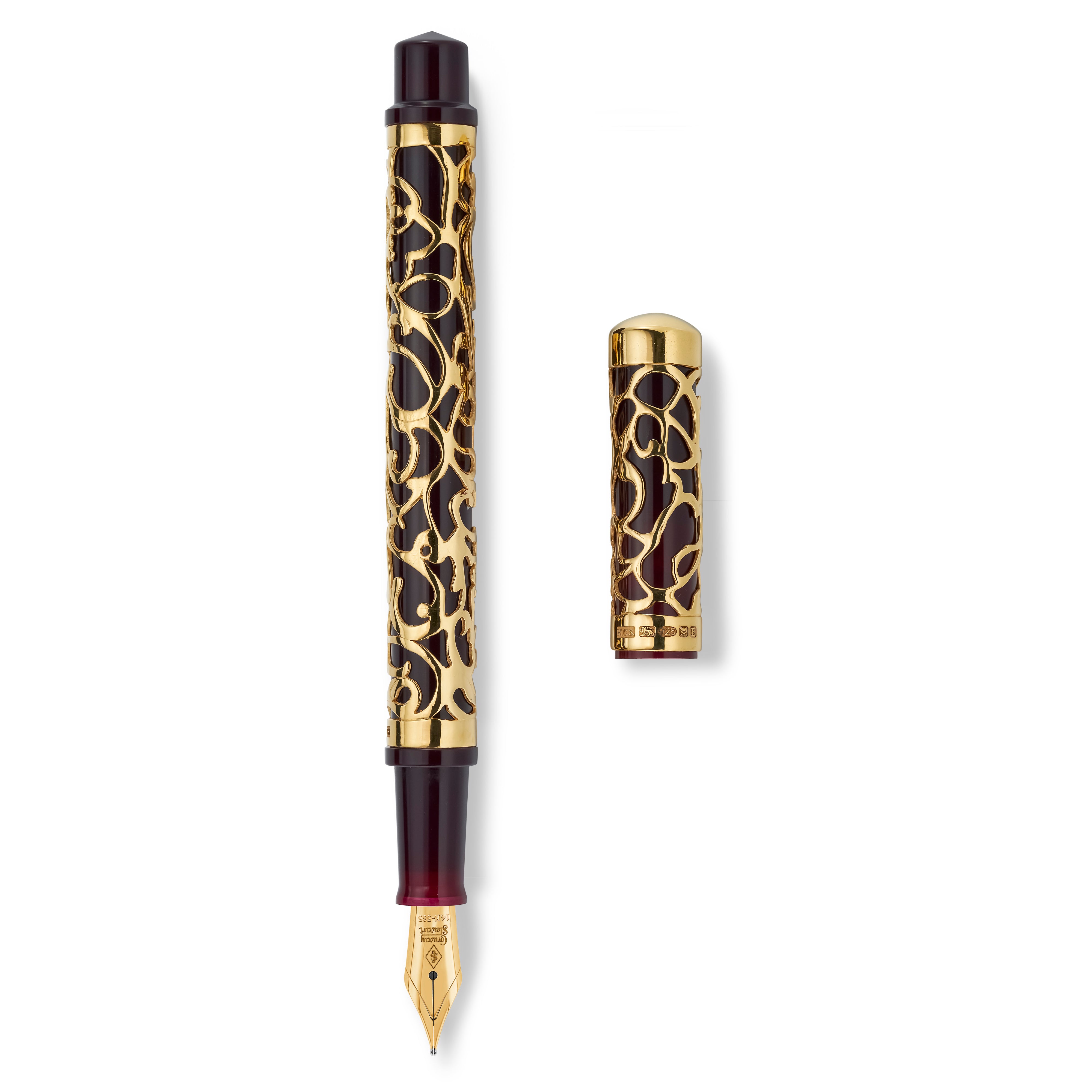 Henry Simpole Myrtle Vermeil fountain pen uncapped beside its cap, 14ct gold Conway Stewart nib