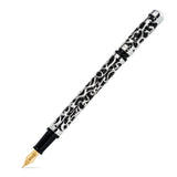 Henry Simpole Myrtle fountain pen uncapped on white background, silver filigree scrollwork over black enamel, 14ct gold nib