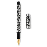 Pen and cap laid side by side, silver filigree pattern shown on both, 14ct gold nib