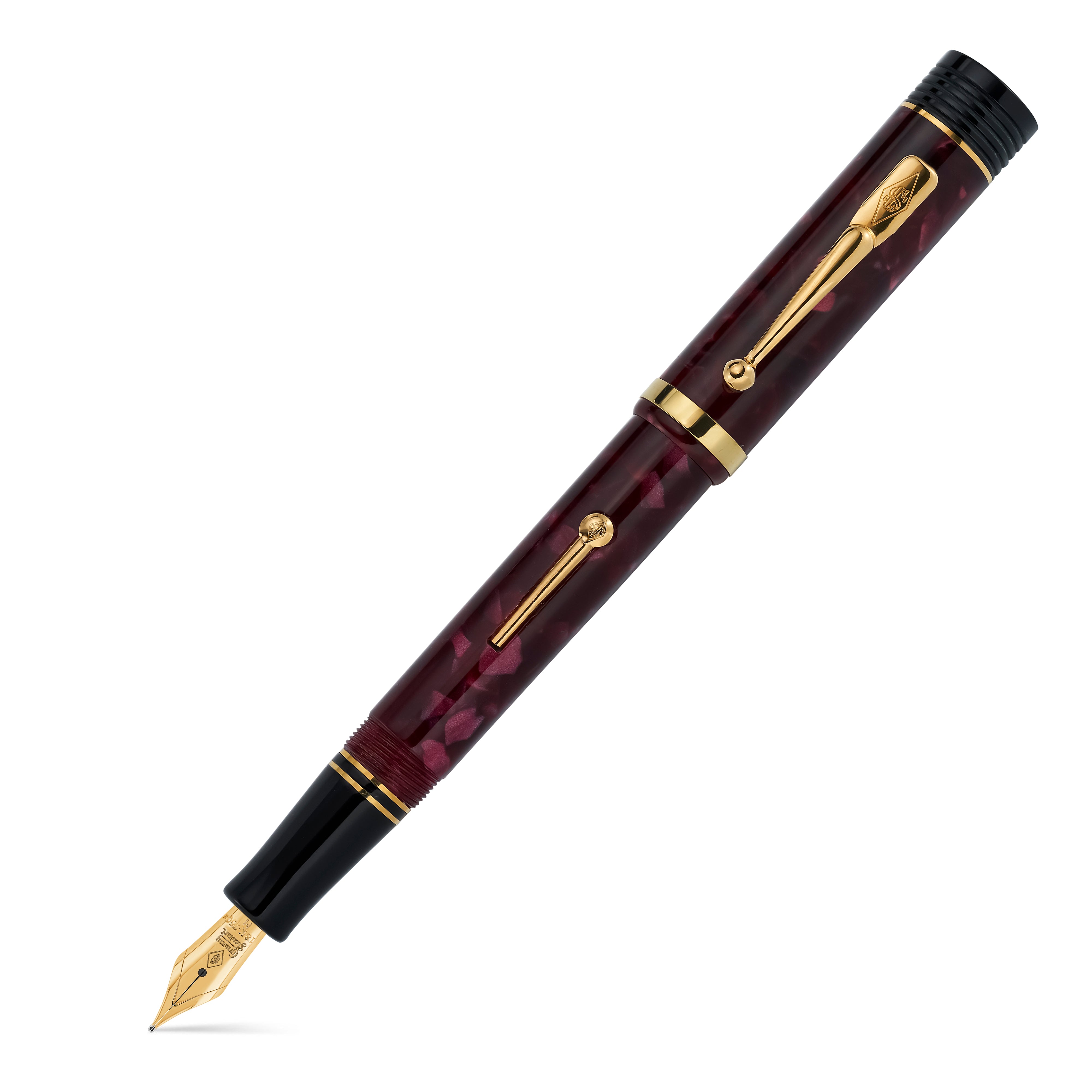 Churchill Burgundy lever-fill fountain pen, marbled burgundy acrylic with gold lever, trim and nib