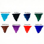 Nuancier de cartouches d'encre présentant huit teintes, dont Mediterranean Blue, Jet Black et Passion Red
