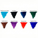 Nuancier de cartouches d'encre présentant huit teintes, dont Mediterranean Blue, Jet Black et Passion Red