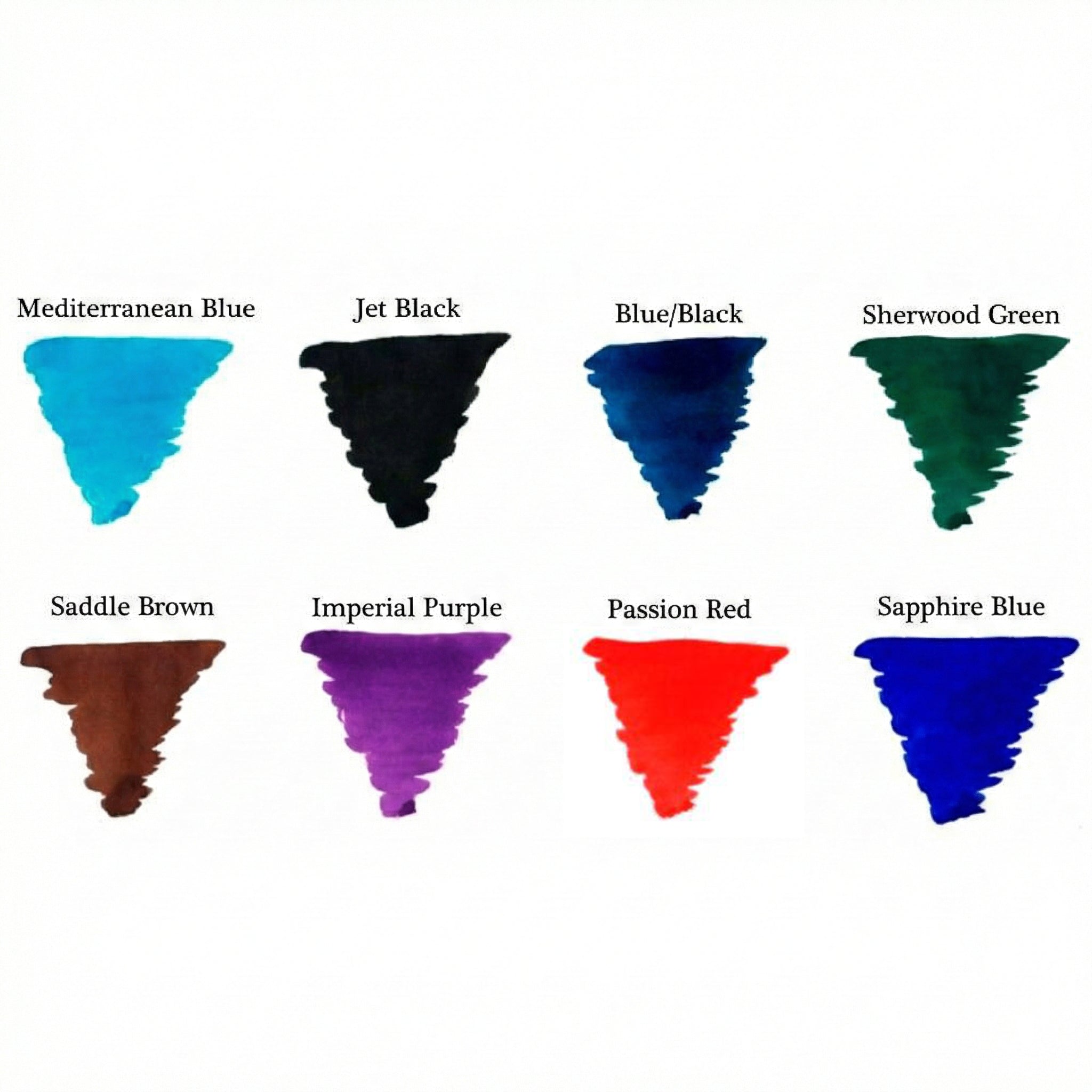 墨水芯色卡图，展示八种色调，包括Mediterranean Blue、Jet Black及Passion Red