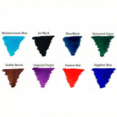 Farbmusterkarte für Tintenpatronen mit acht Farbtönen, darunter Mediterranean Blue, Jet Black und Passion Red